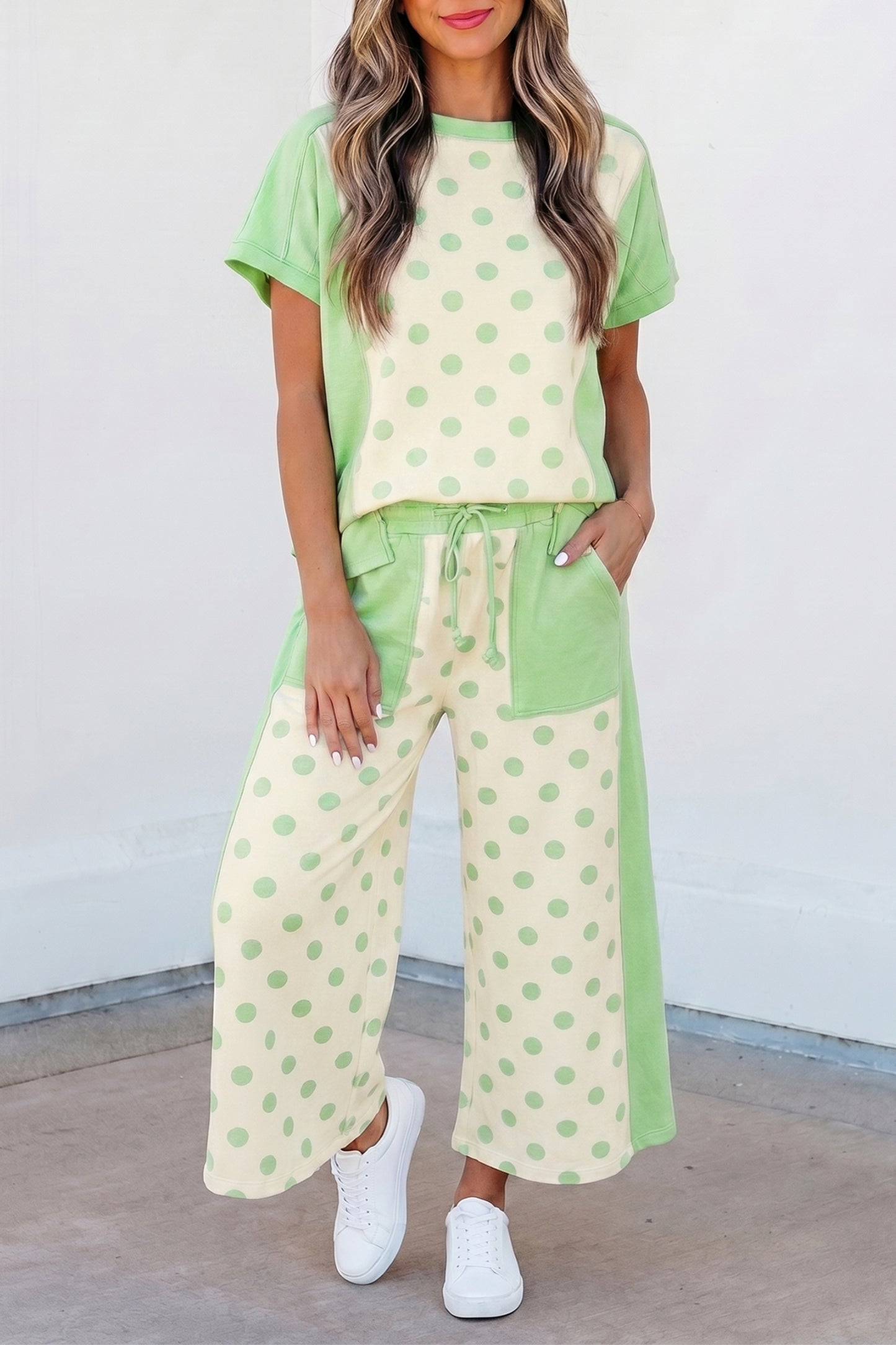 Green Color Block Patchwork Polka Dot Wide Leg Pant Set