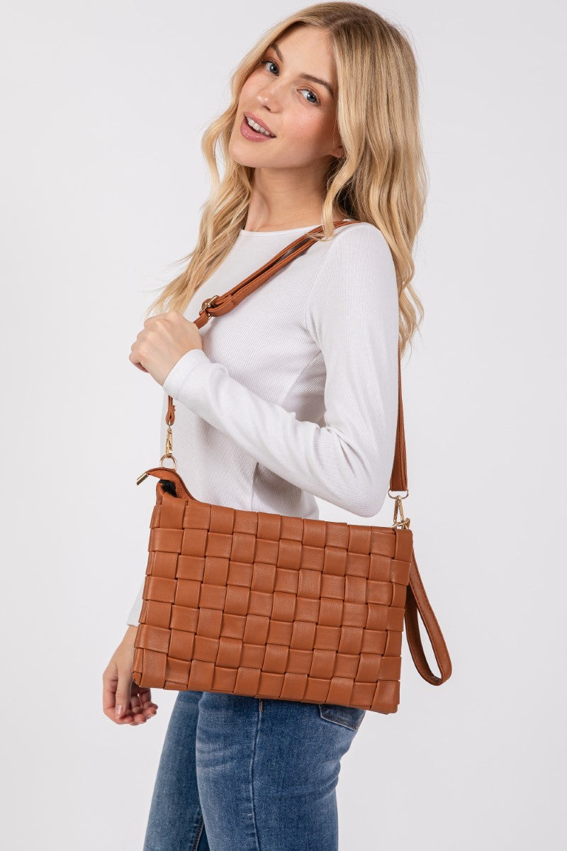 Fame Faux Leather Basket Weave  Crossbody Bag