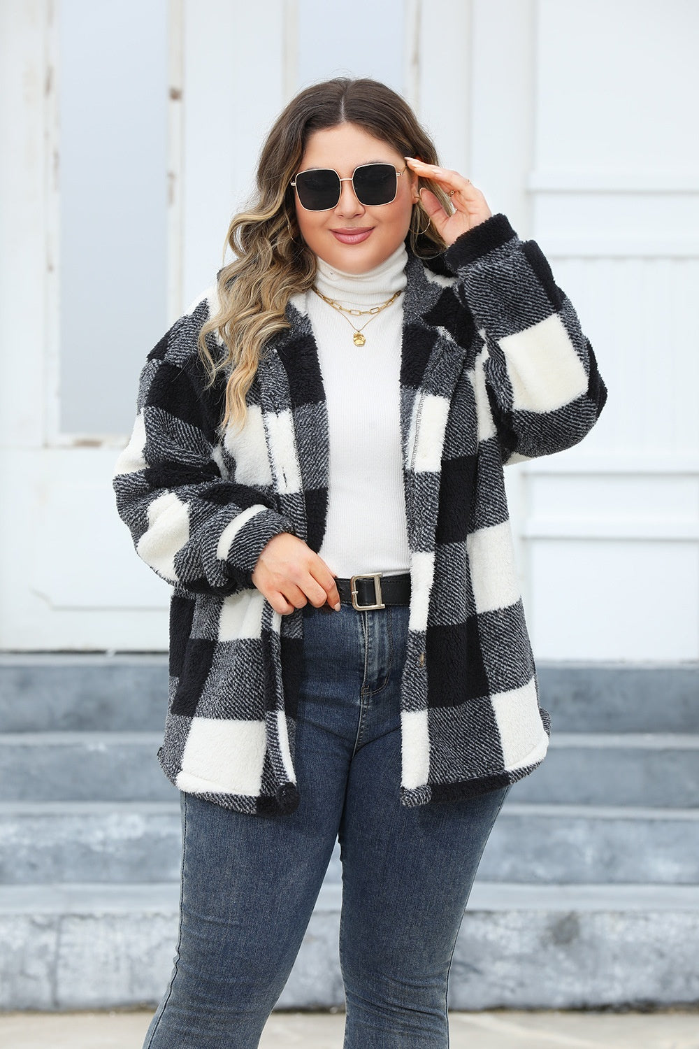 Plus Size Plaid Button Up Hooded Jacket