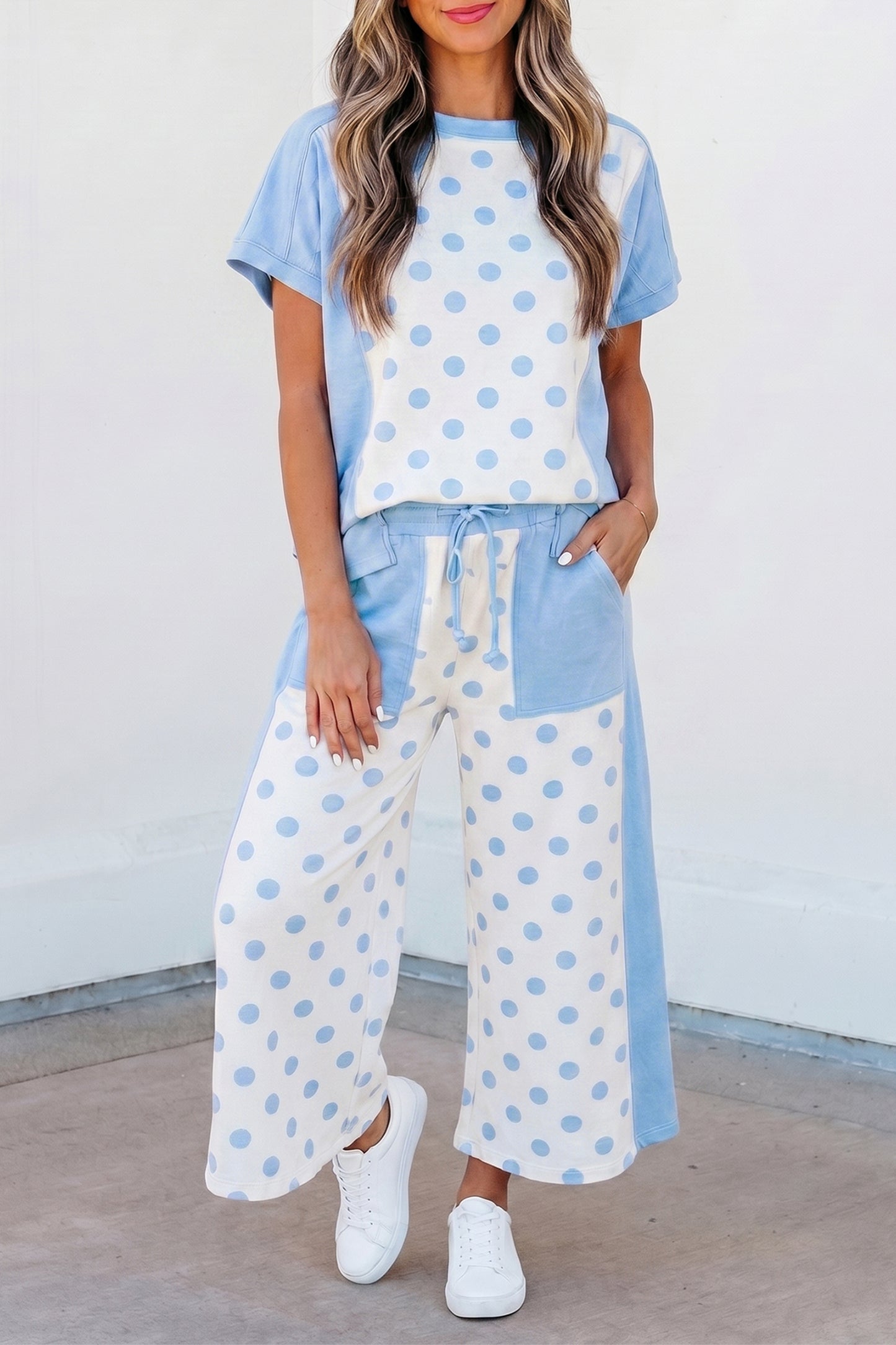 Sky Blue Color Block Patchwork Polka Dot Wide Leg Pant Set