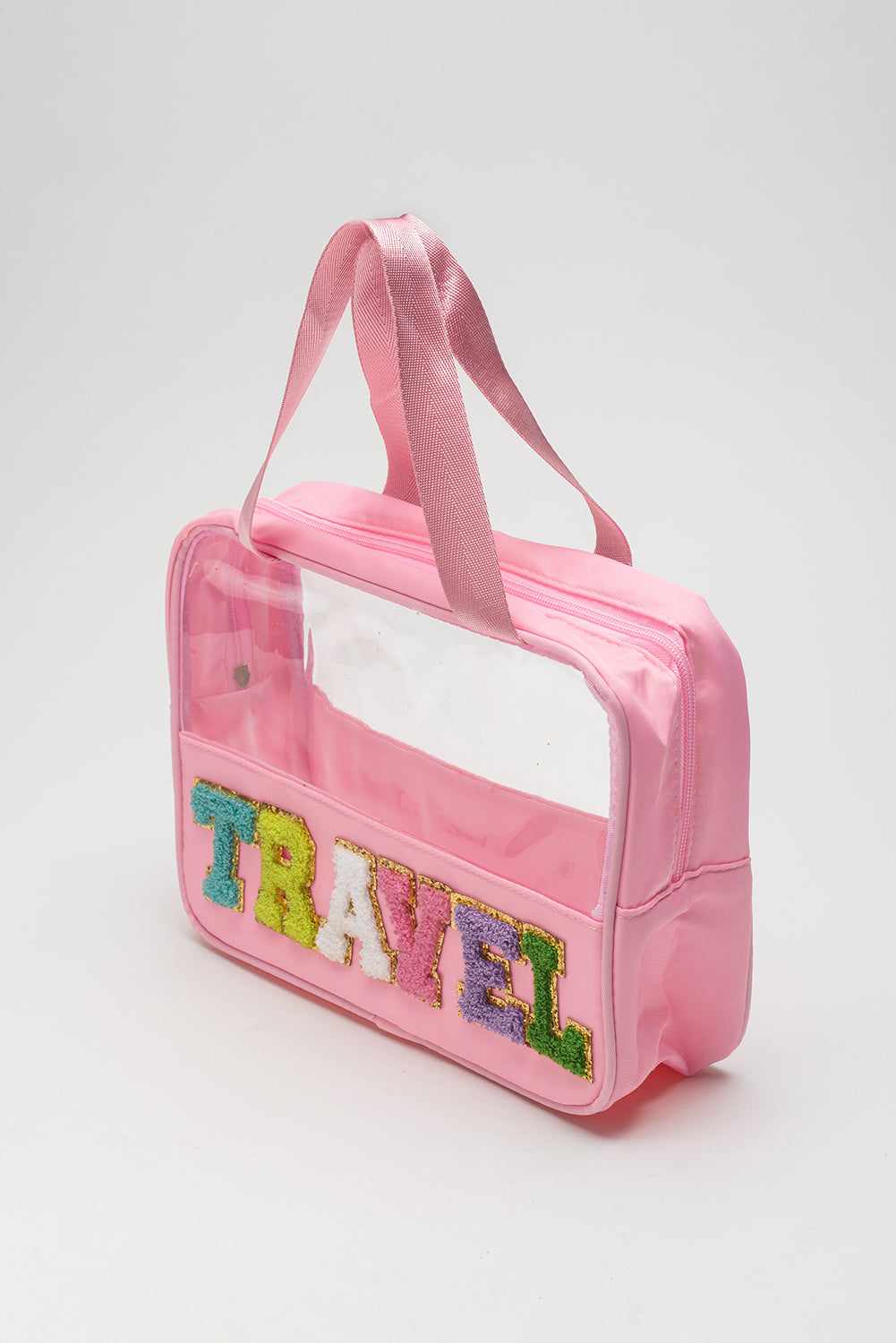 Light Pink TRAVEL Chenille Letter Clear PVC Makeup Bag