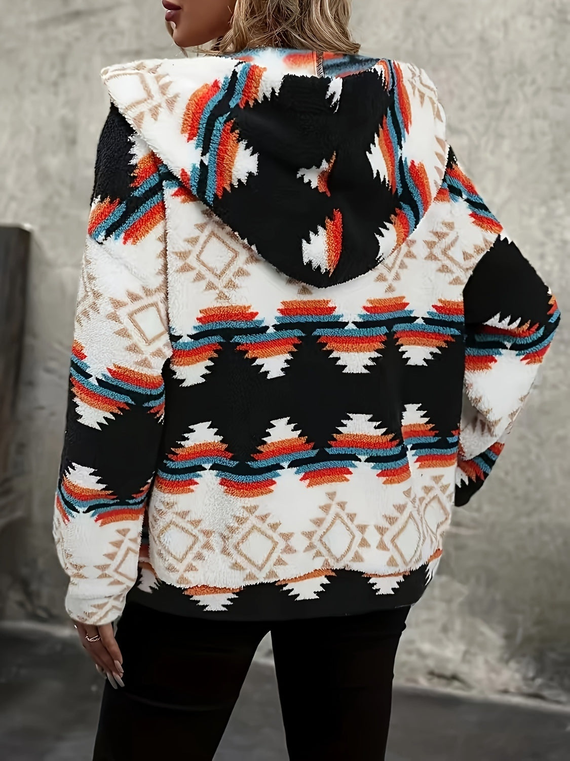 Geometric Zip Up Hooded Sherpa Jacket