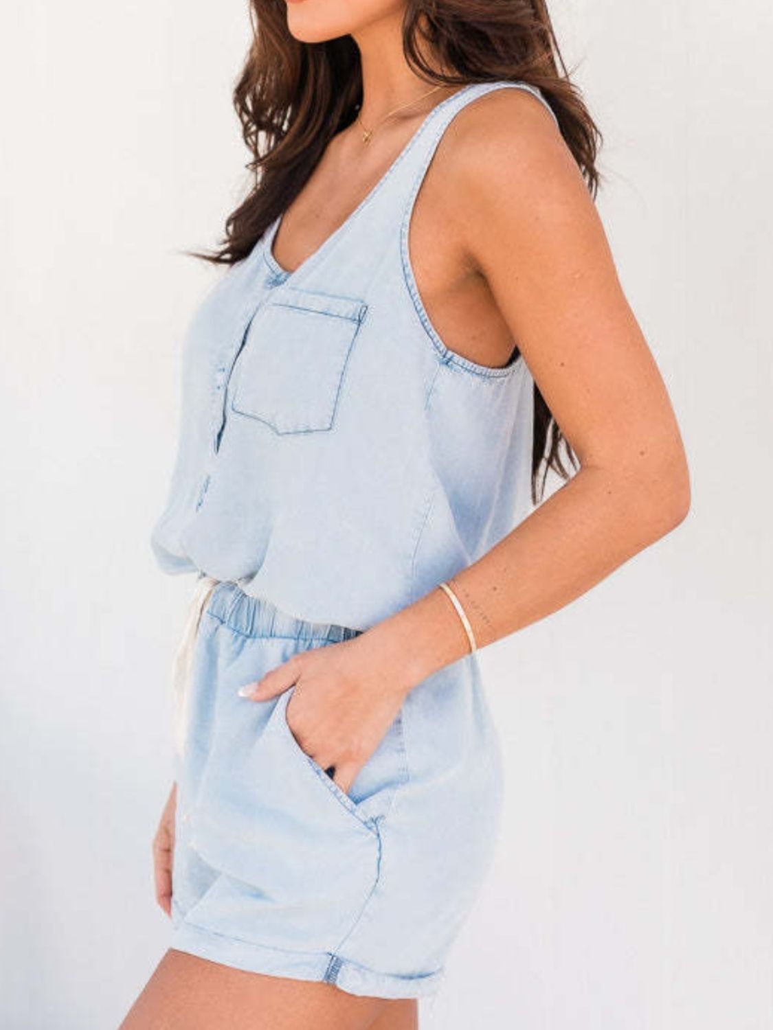 Pocketed Half Button Sleeveless Denim Romper