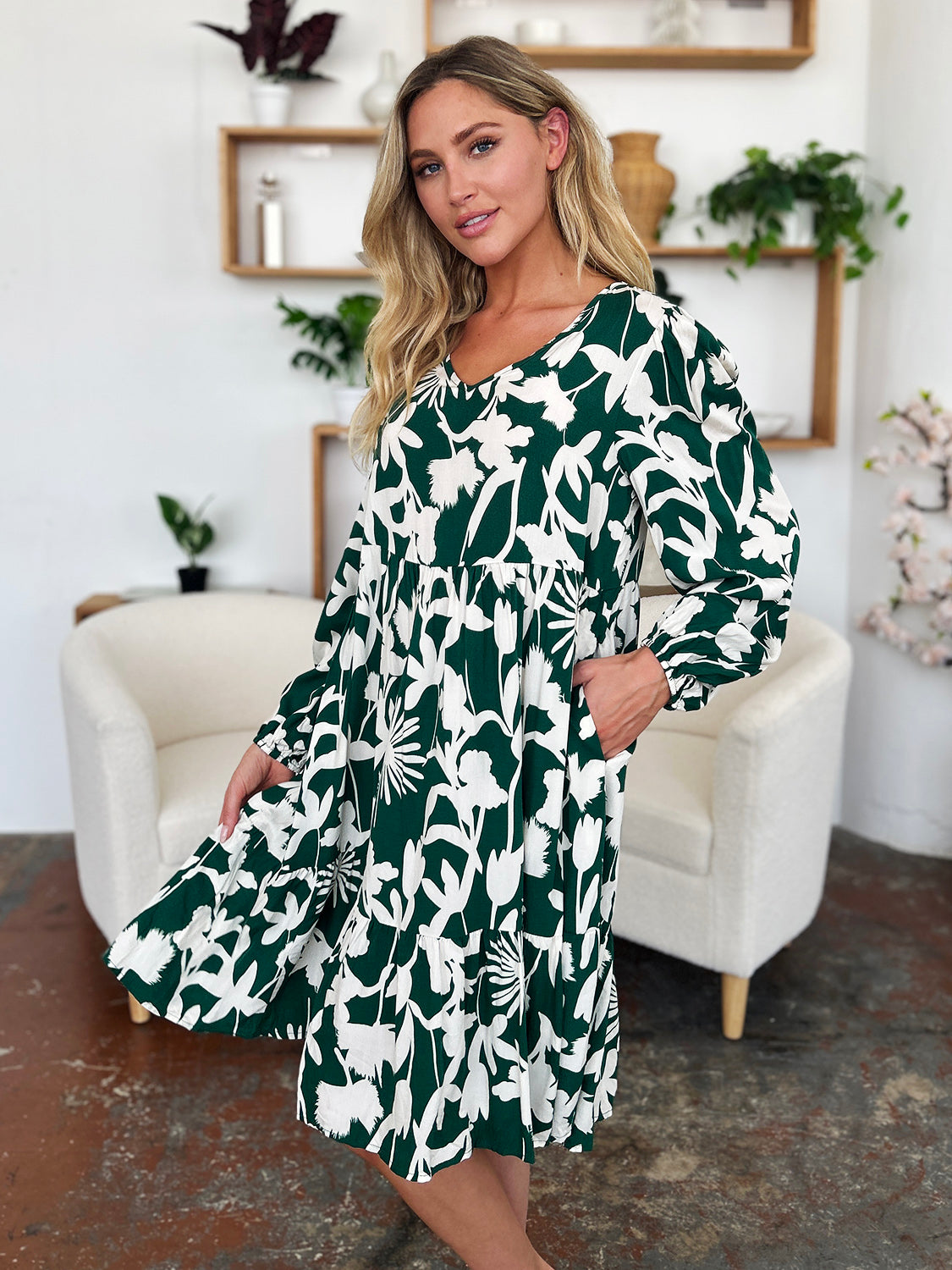 Double Take Full Size Printed Ruffle Hem Long Sleeve Dress