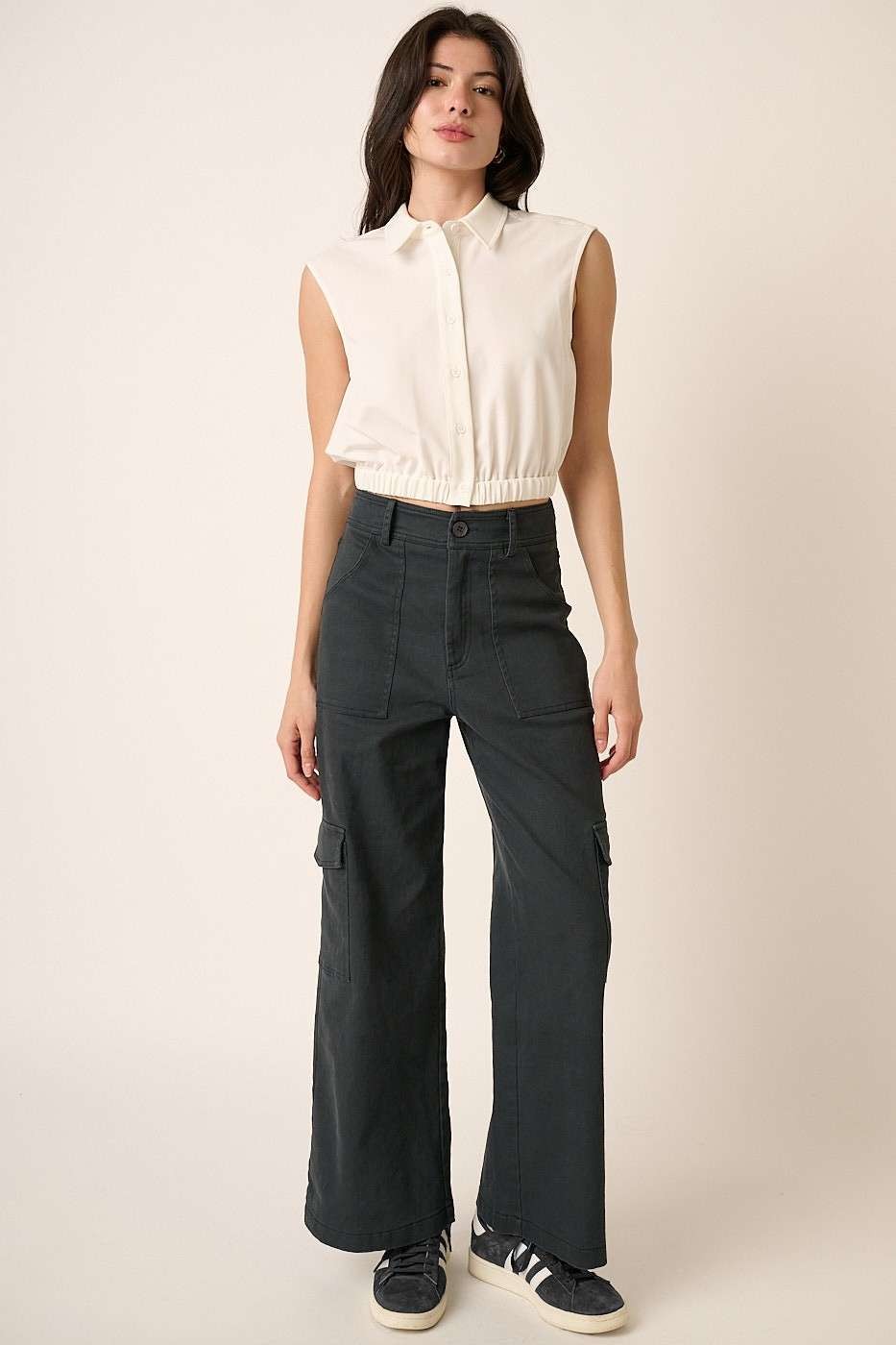 Mittoshop Wide Leg High Waist Pants with Cargo Pockets