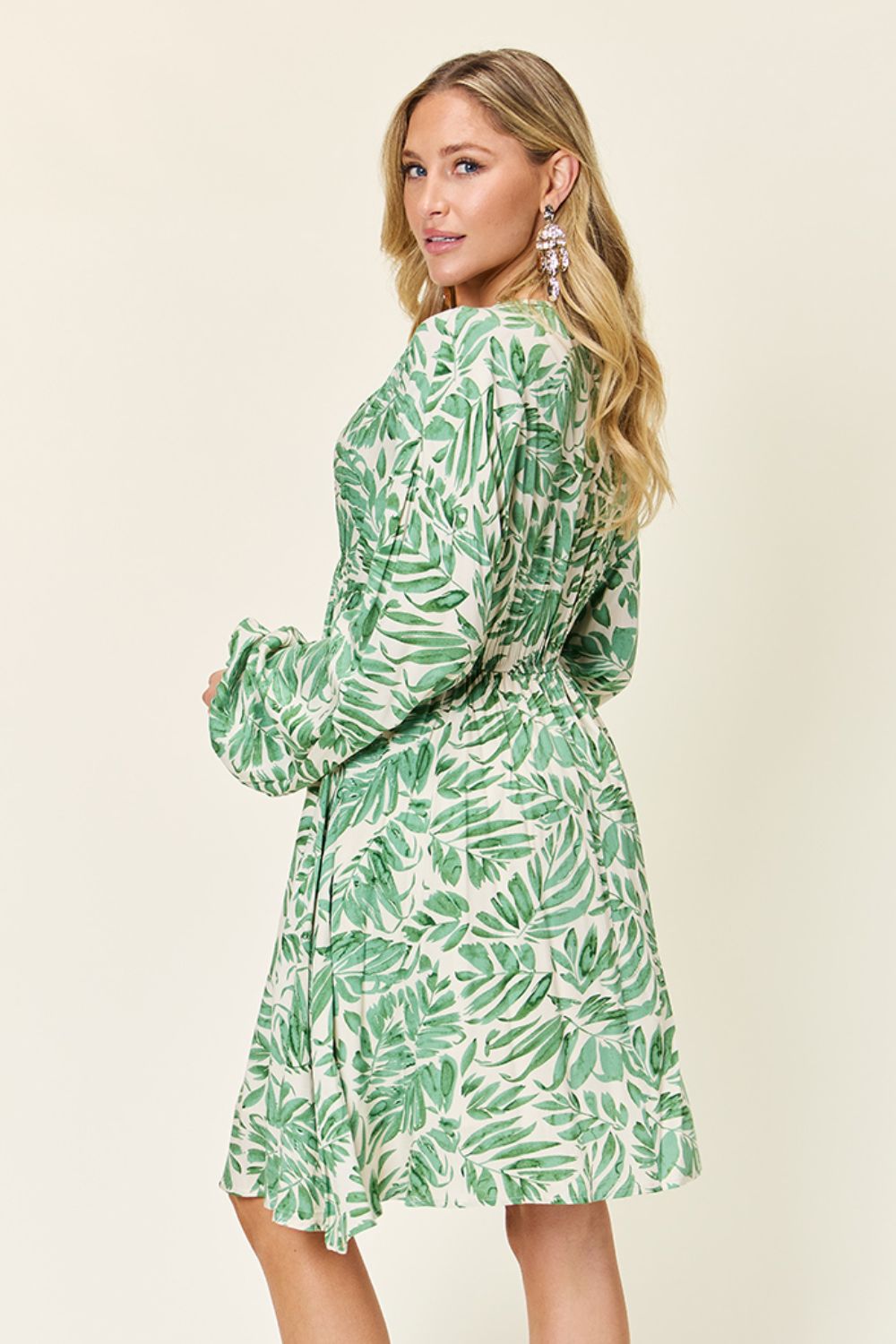 Double Take Full Size Printed Ruched Balloon Sleeve Dress