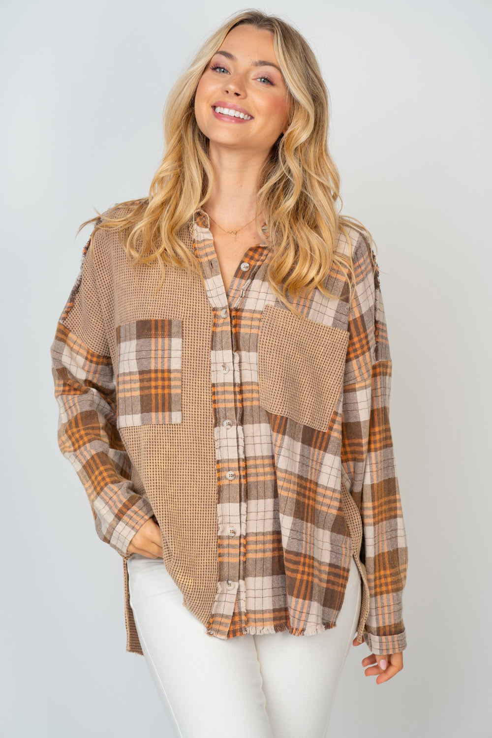 White Birch Full Size Contrast Plaid Button Down Shirt