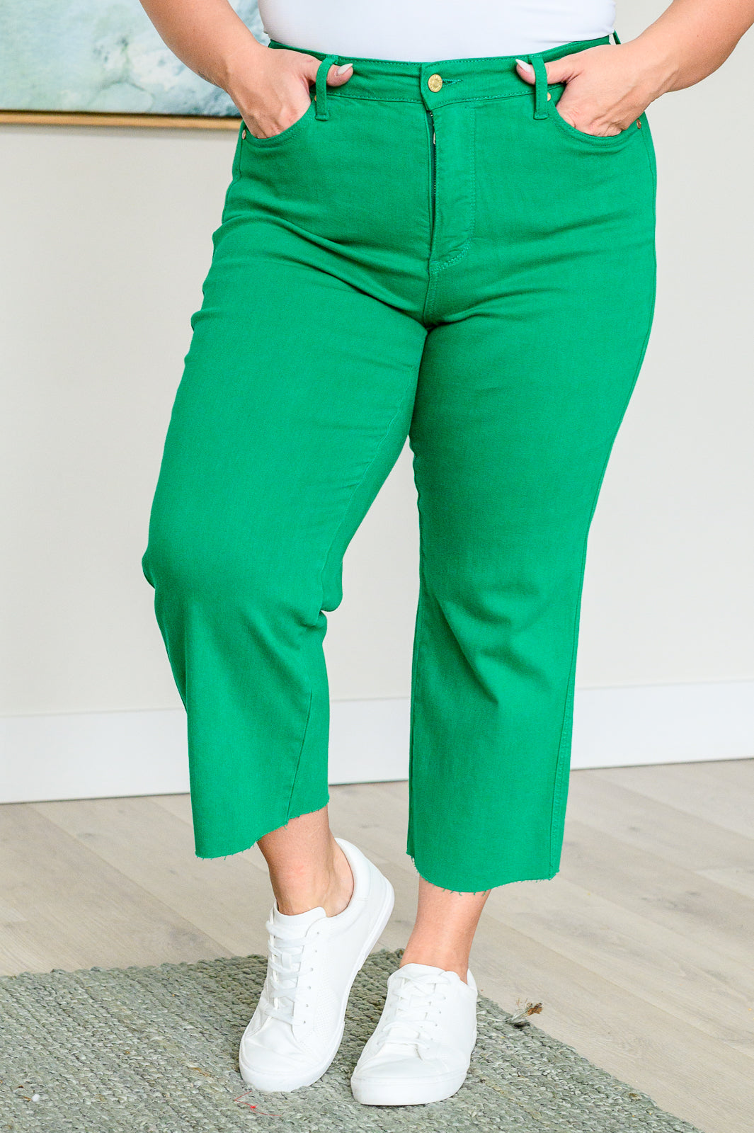 Judy Blue Lisa High Rise Control Top Wide Leg Crop Jeans in Kelly Green