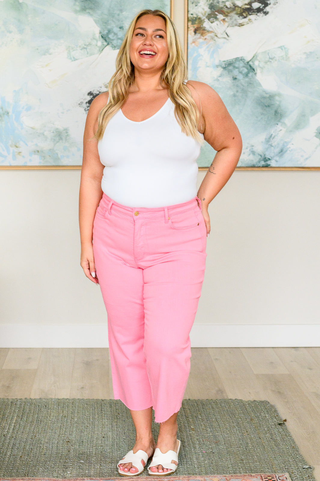 Judy Blue Lisa High Rise Control Top Wide Leg Crop Jeans in Pink