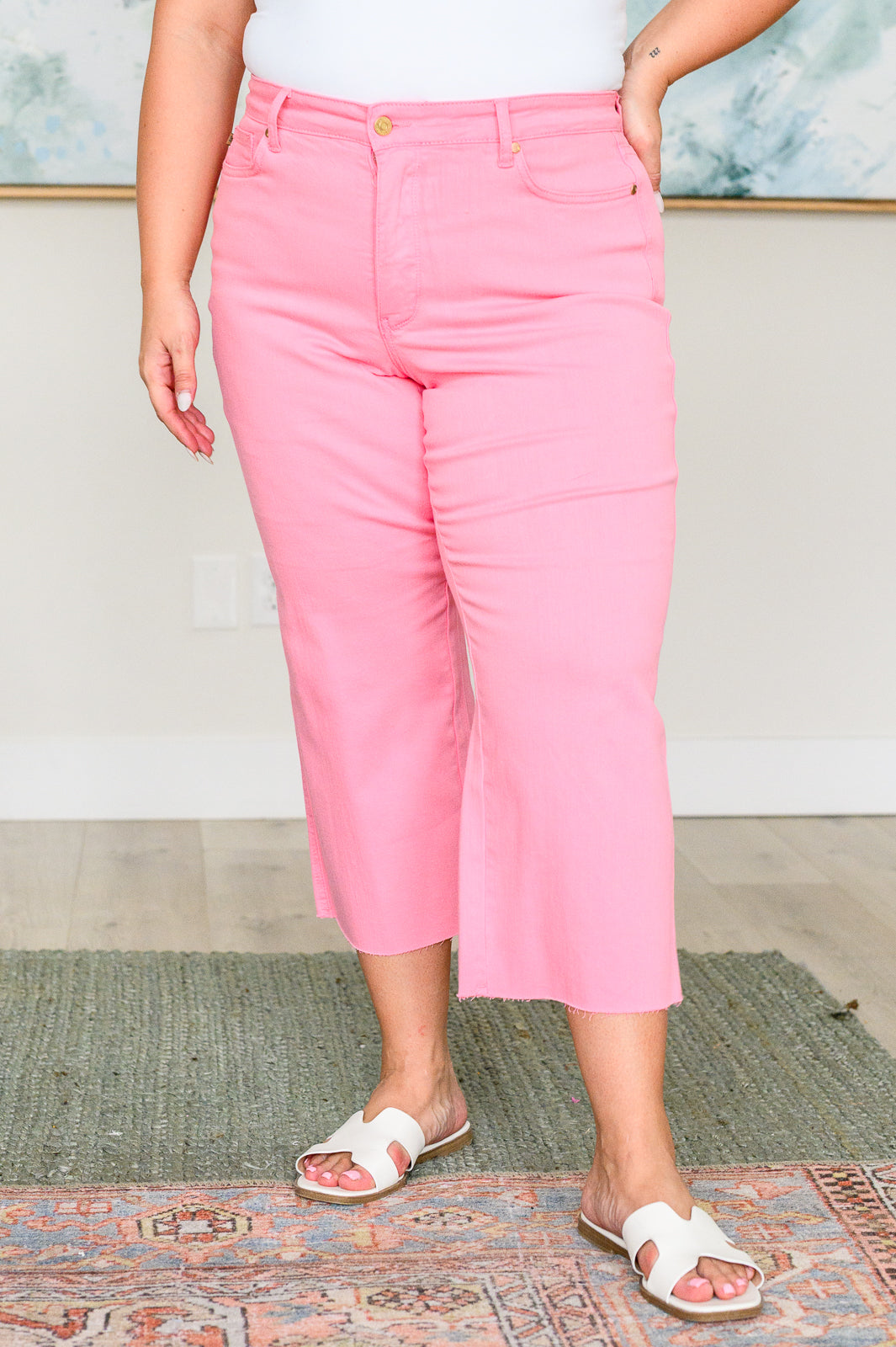 Judy Blue Lisa High Rise Control Top Wide Leg Crop Jeans in Pink