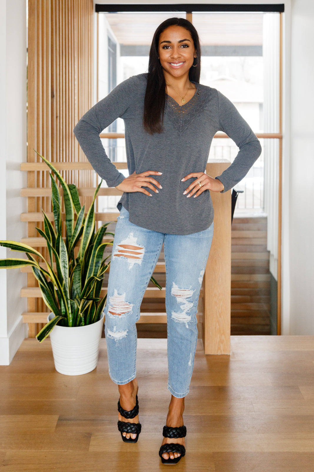 Emerald Lacey Long Sleeve V Neck In Gray