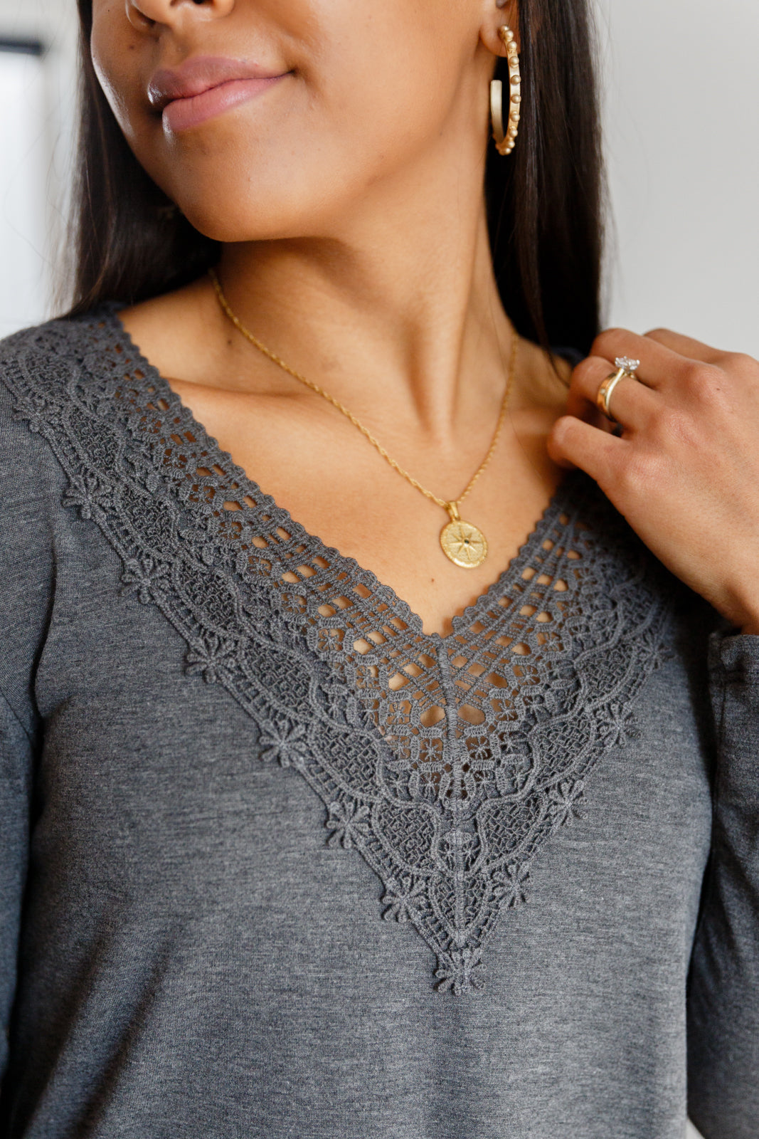 Emerald Lacey Long Sleeve V Neck In Gray