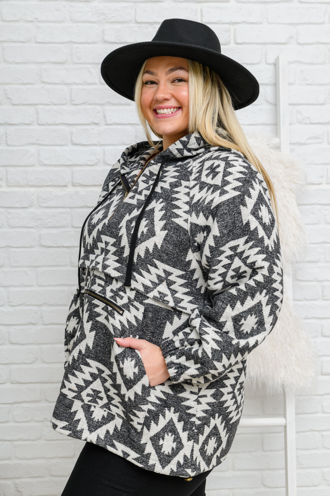 Jodifl Aztec Pullover Lounge Day Hoodie in Black & White