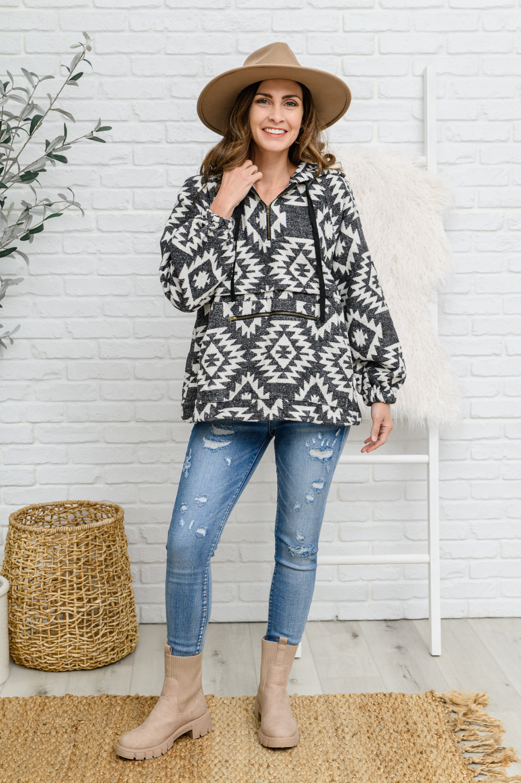 Jodifl Aztec Pullover Lounge Day Hoodie in Black & White