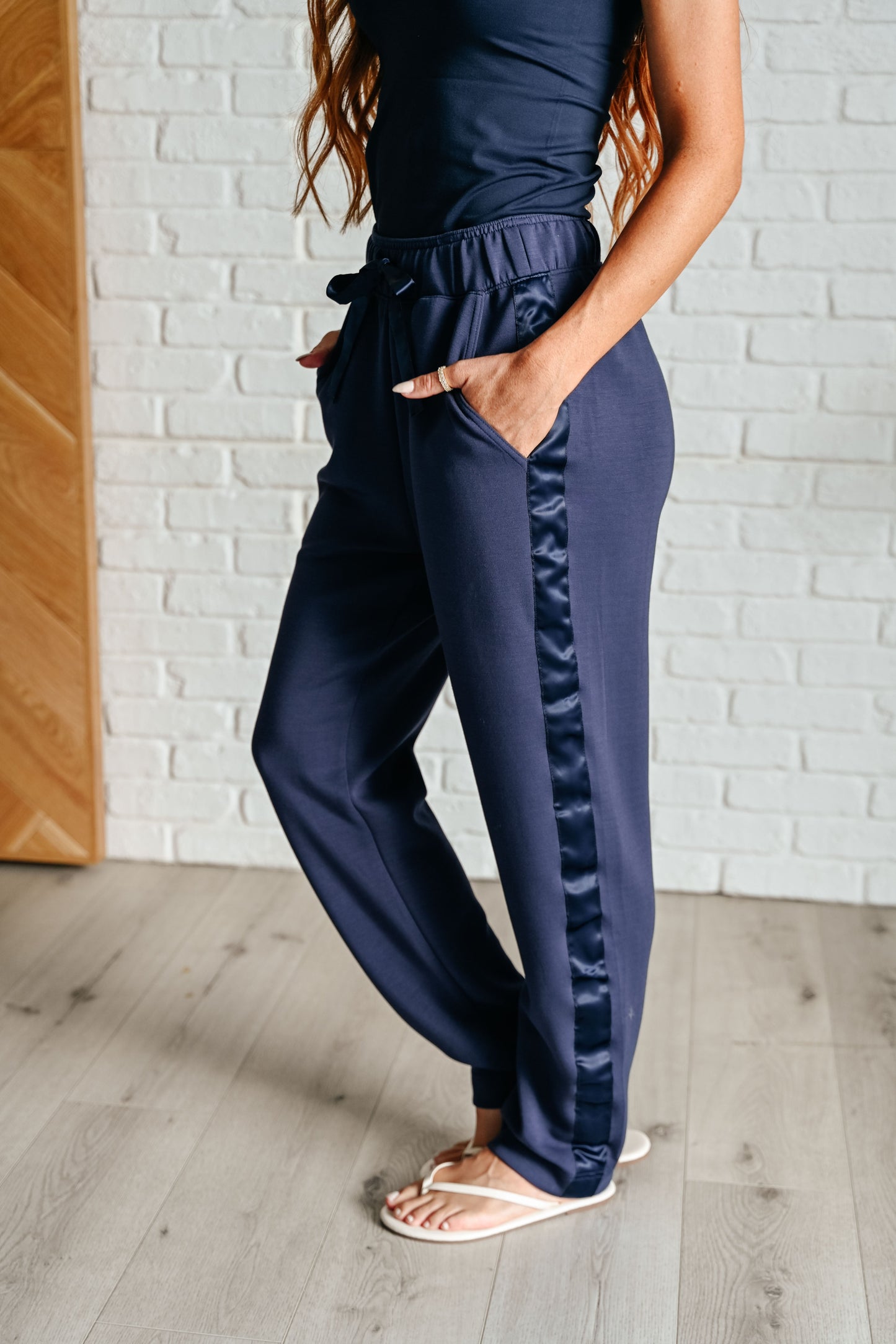 Lysa Satin Stripe Lounge Pants in Smoky Navy by Rae Mode