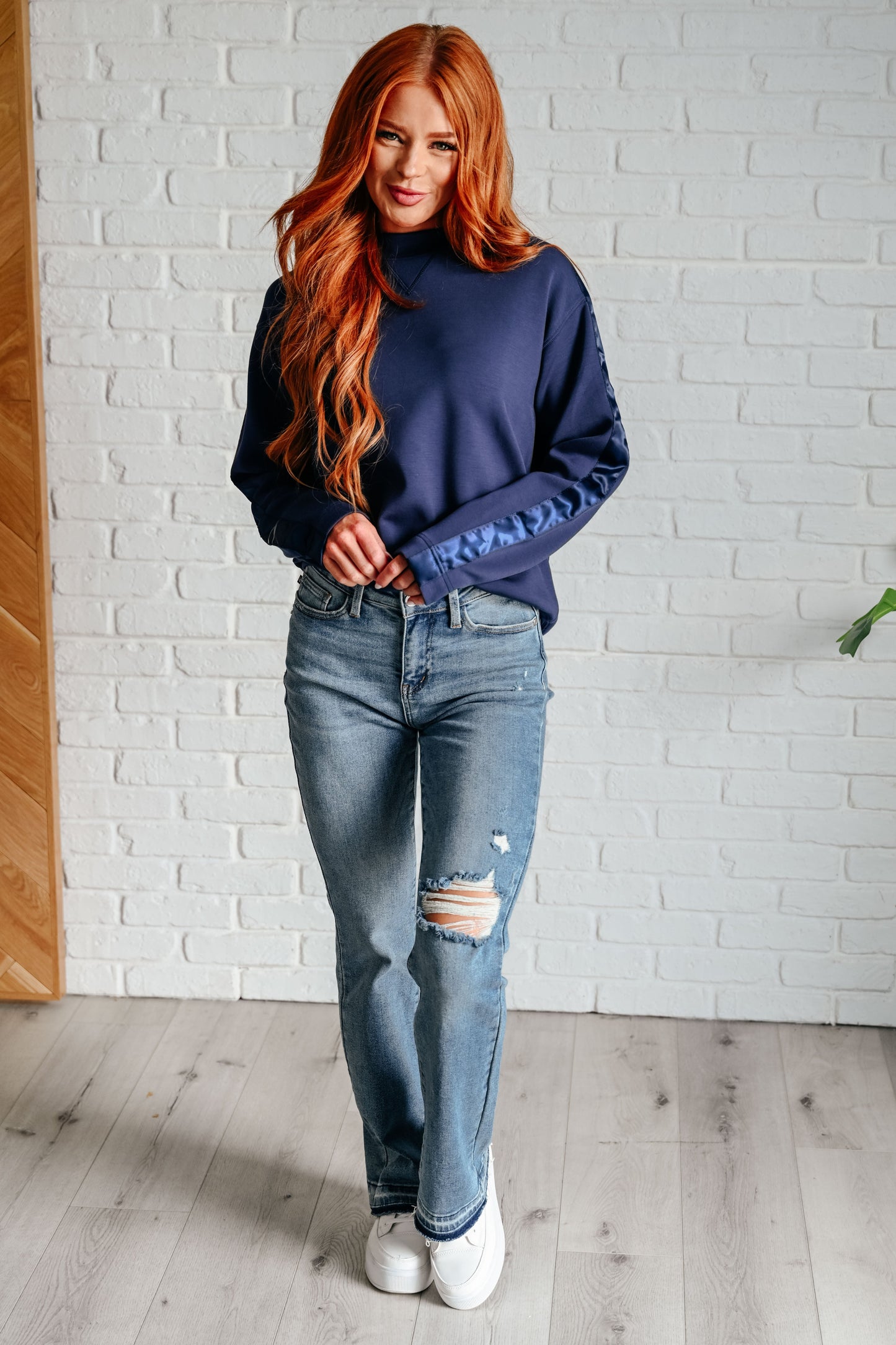 Lysa Satin Stripe Pullover in Smoky Navy by Rae Mode