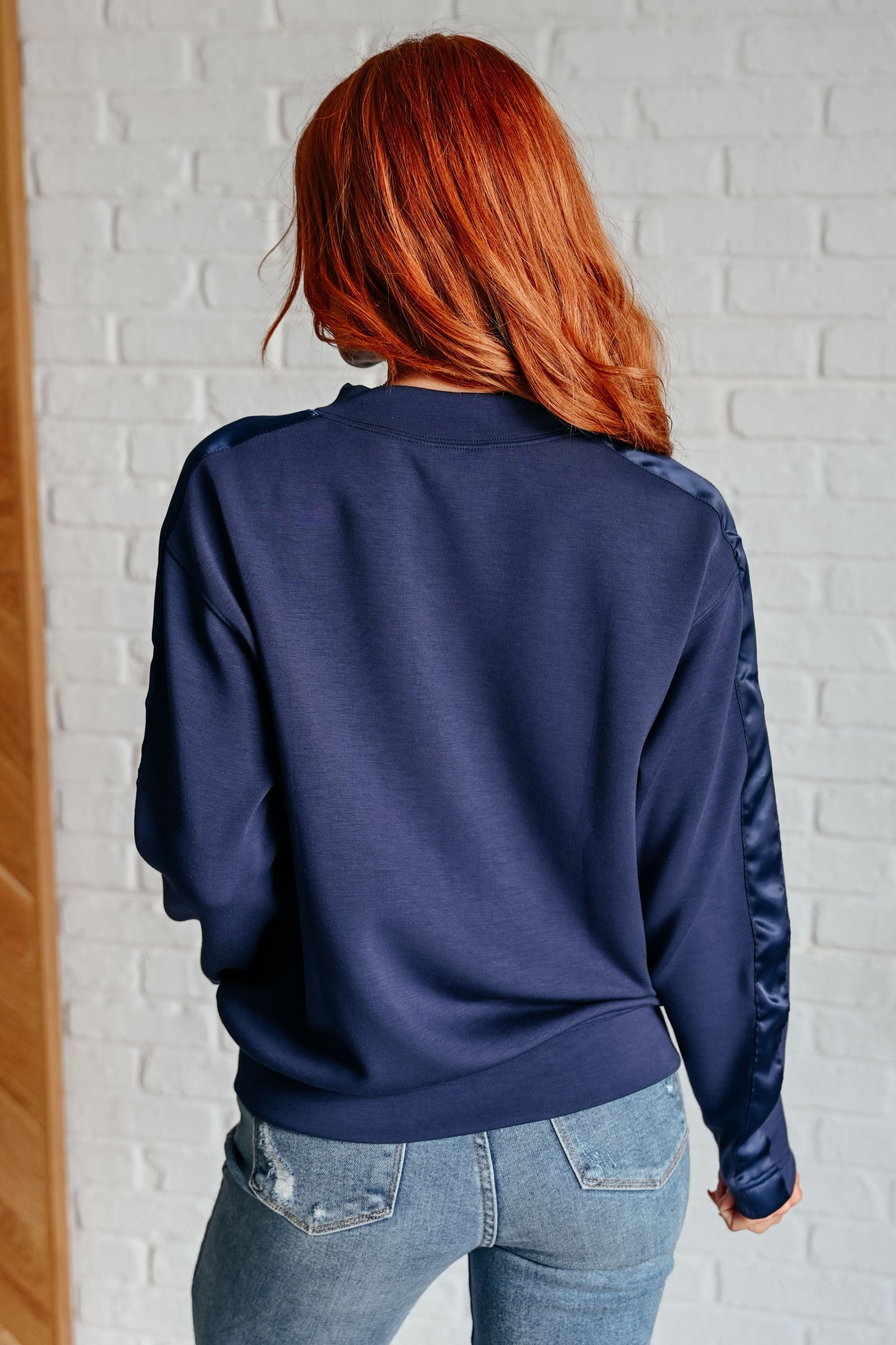 Lysa Satin Stripe Pullover in Smoky Navy by Rae Mode