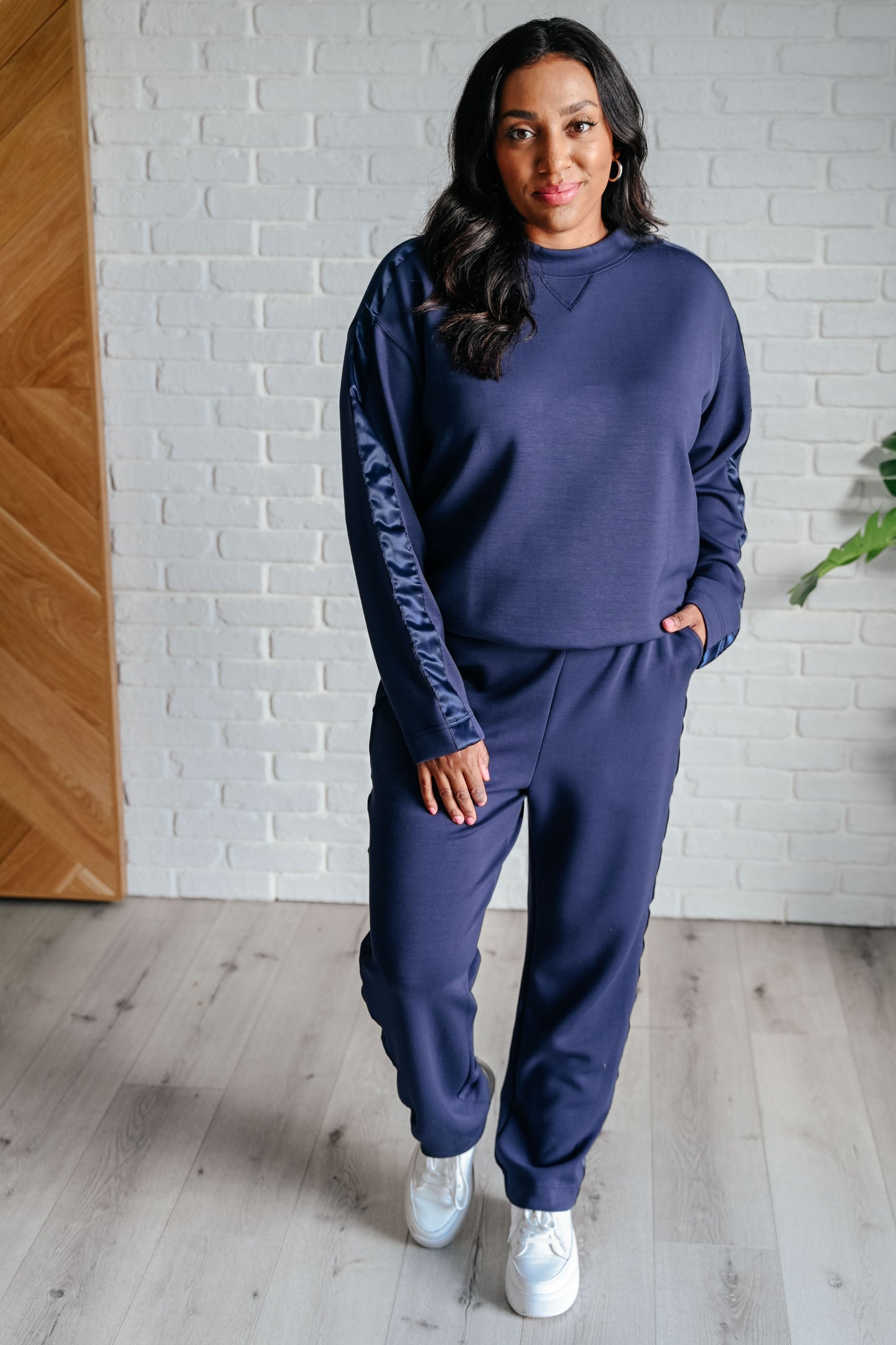 Lysa Satin Stripe Pullover in Smoky Navy by Rae Mode