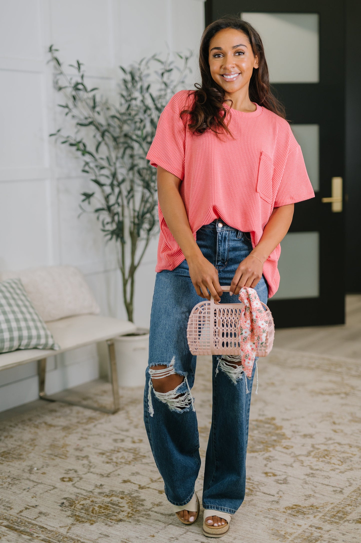 Zenana Not That Complicated Textured Boxy Tee in Salmon