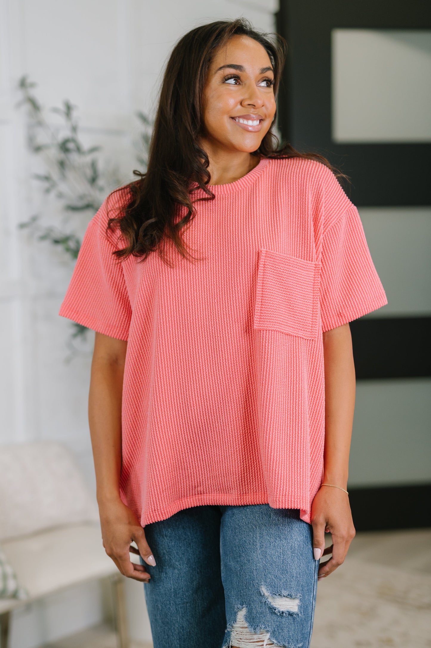 Zenana Not That Complicated Textured Boxy Tee in Salmon