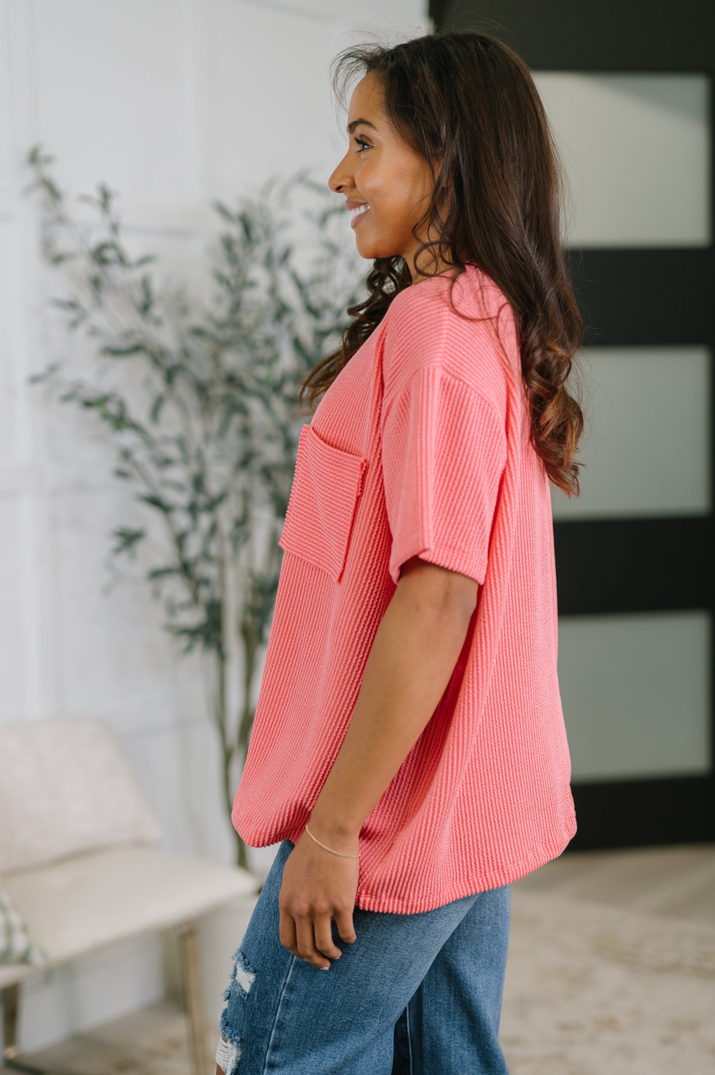 Zenana Not That Complicated Textured Boxy Tee in Salmon