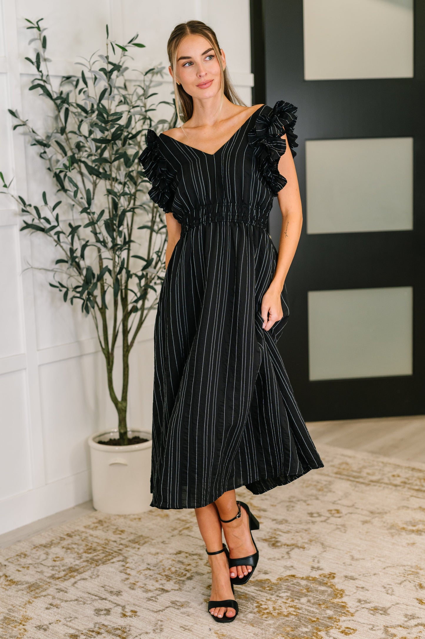 Jodifl Pinstripe Romance V-Neck Ruffle Sleeve Dress in Black