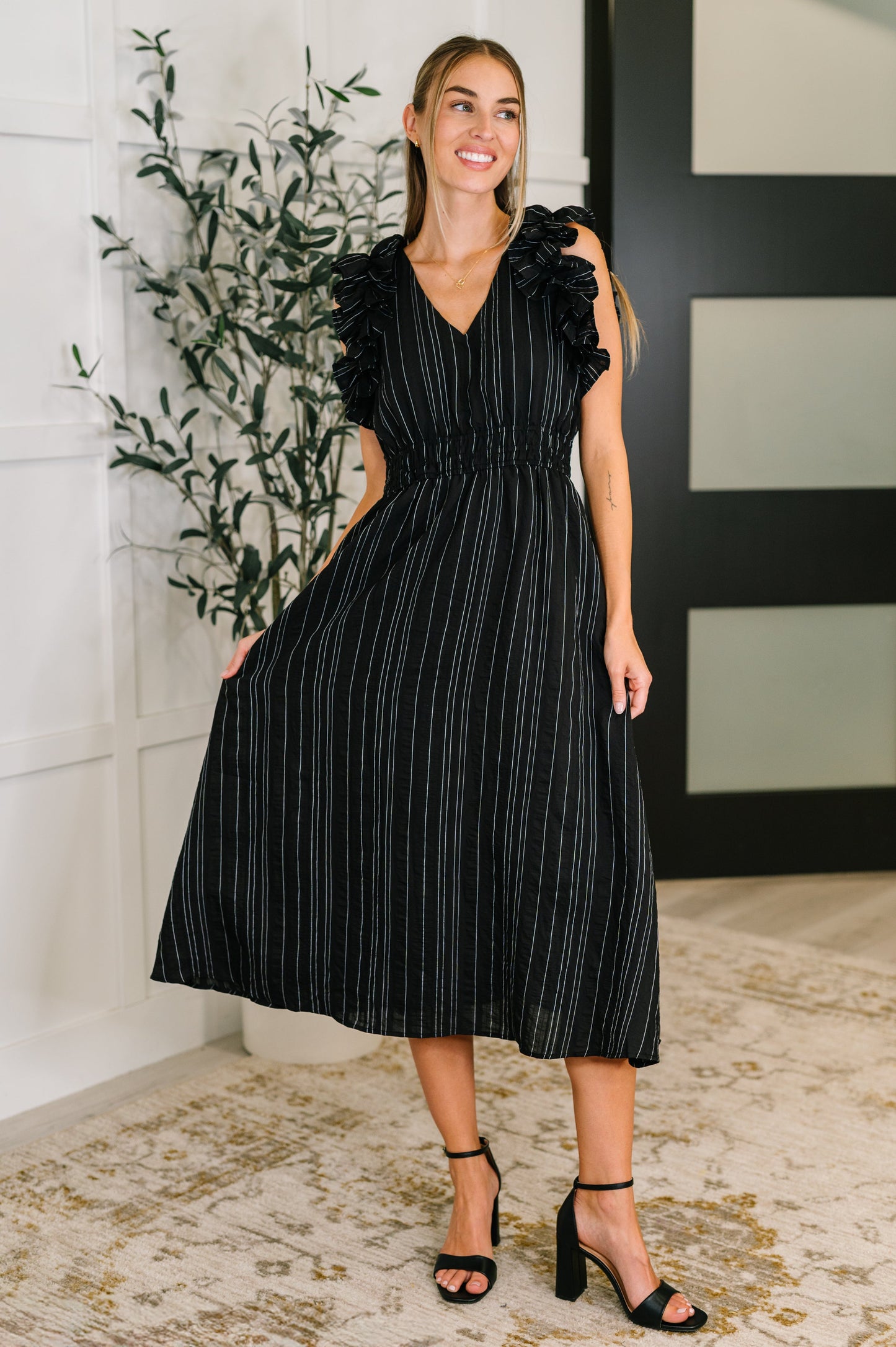 Jodifl Pinstripe Romance V-Neck Ruffle Sleeve Dress in Black