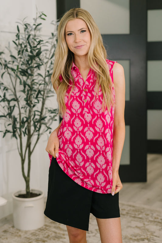 Dear Scarlett Sea Spray Collared Sleeveless Top in Floral Ikat