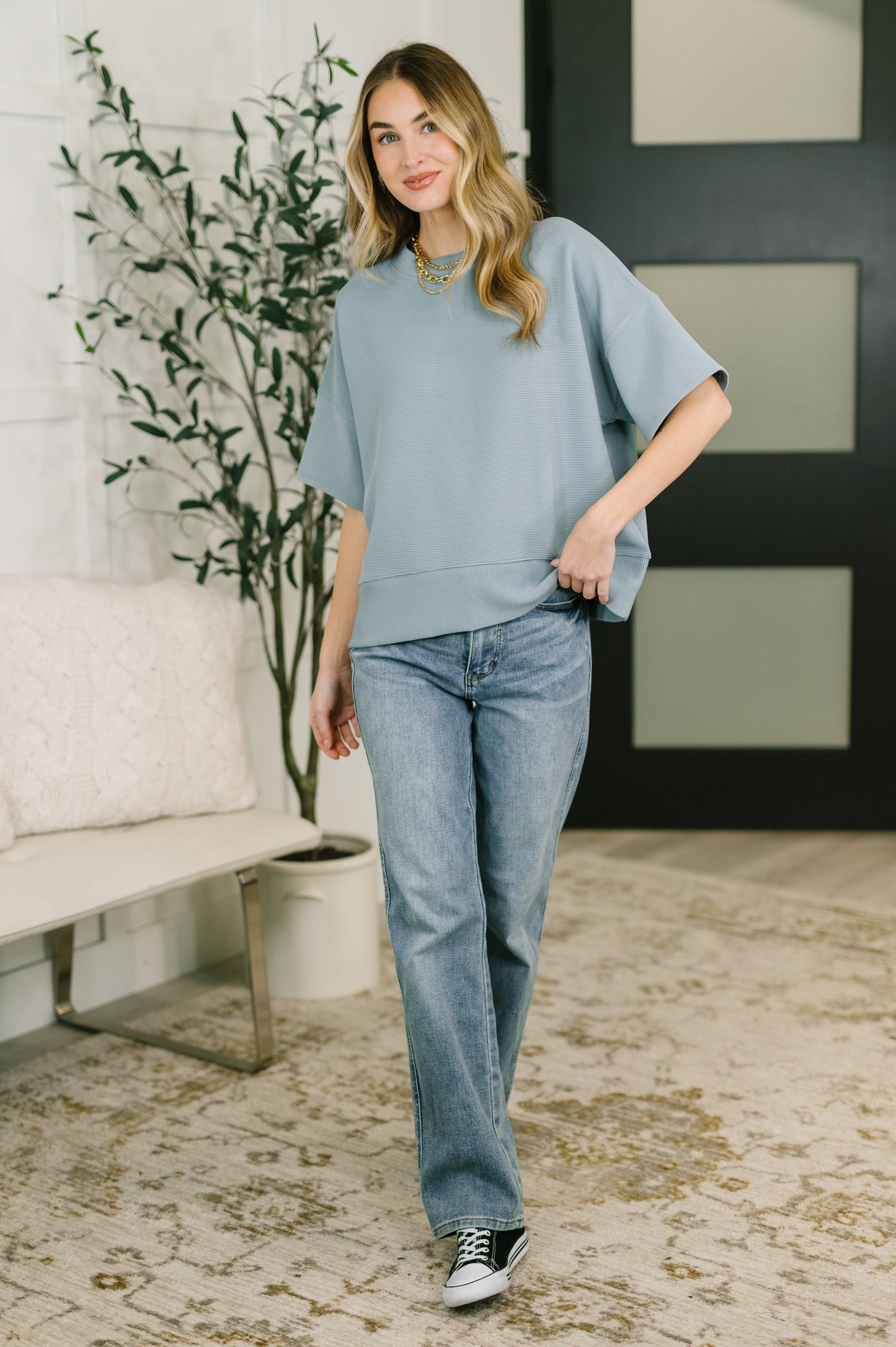Zenana Sense of Clarity Boxy Top in Blue Grey