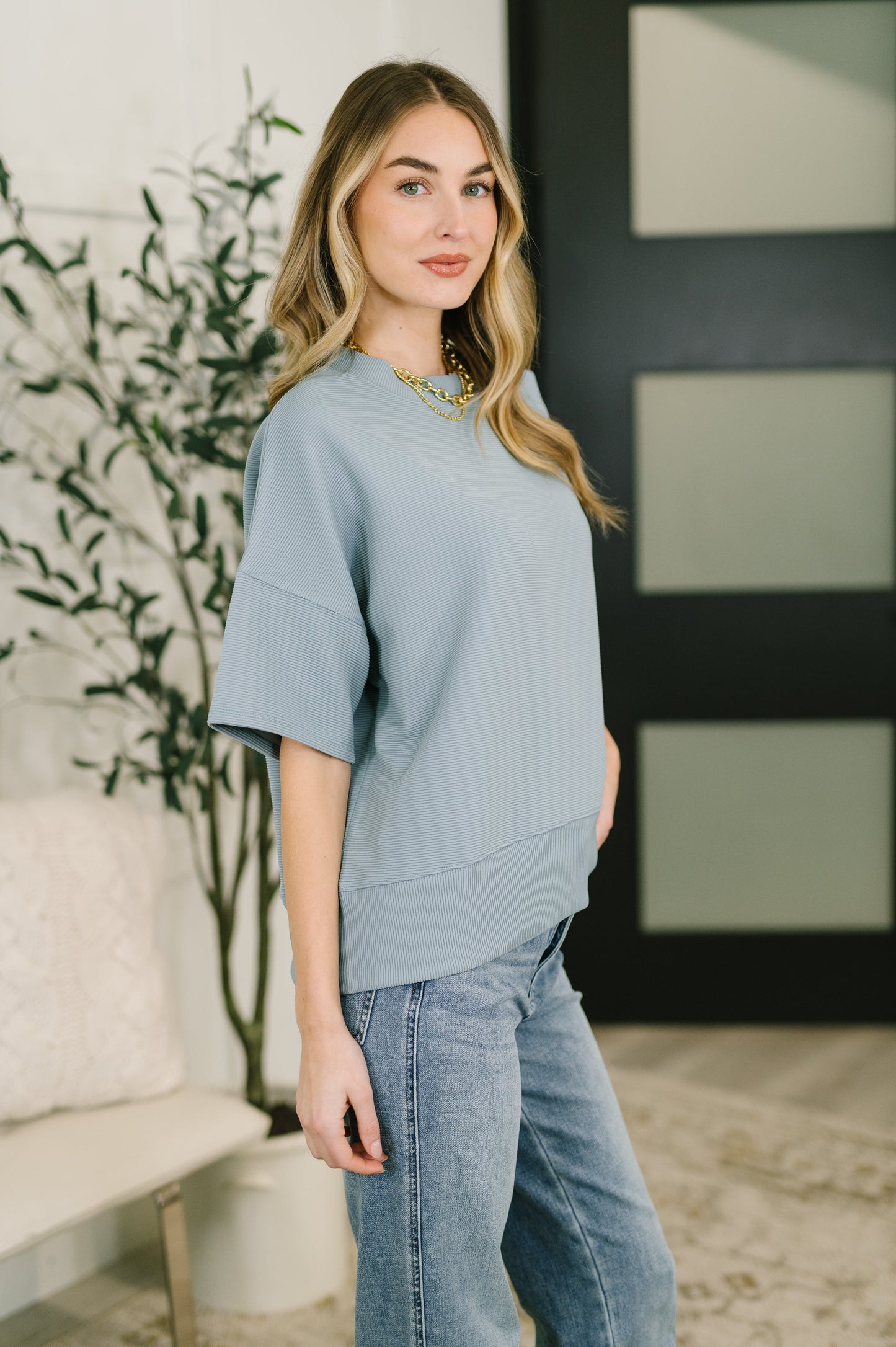Zenana Sense of Clarity Boxy Top in Blue Grey