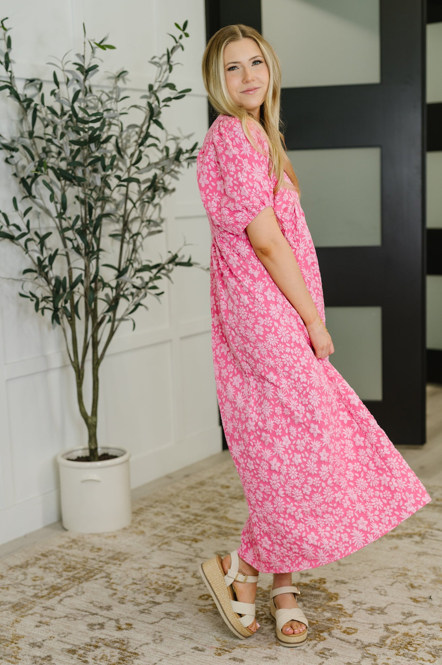 Softly Spoken Textured V-Neck Dress in Hot Pink