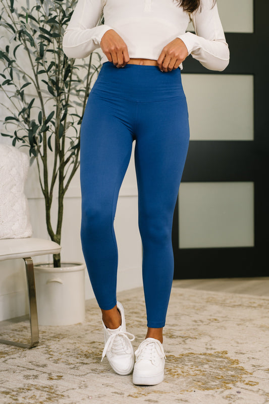 Zenana Sunday Splits High Waisted Leggings in Light Navy