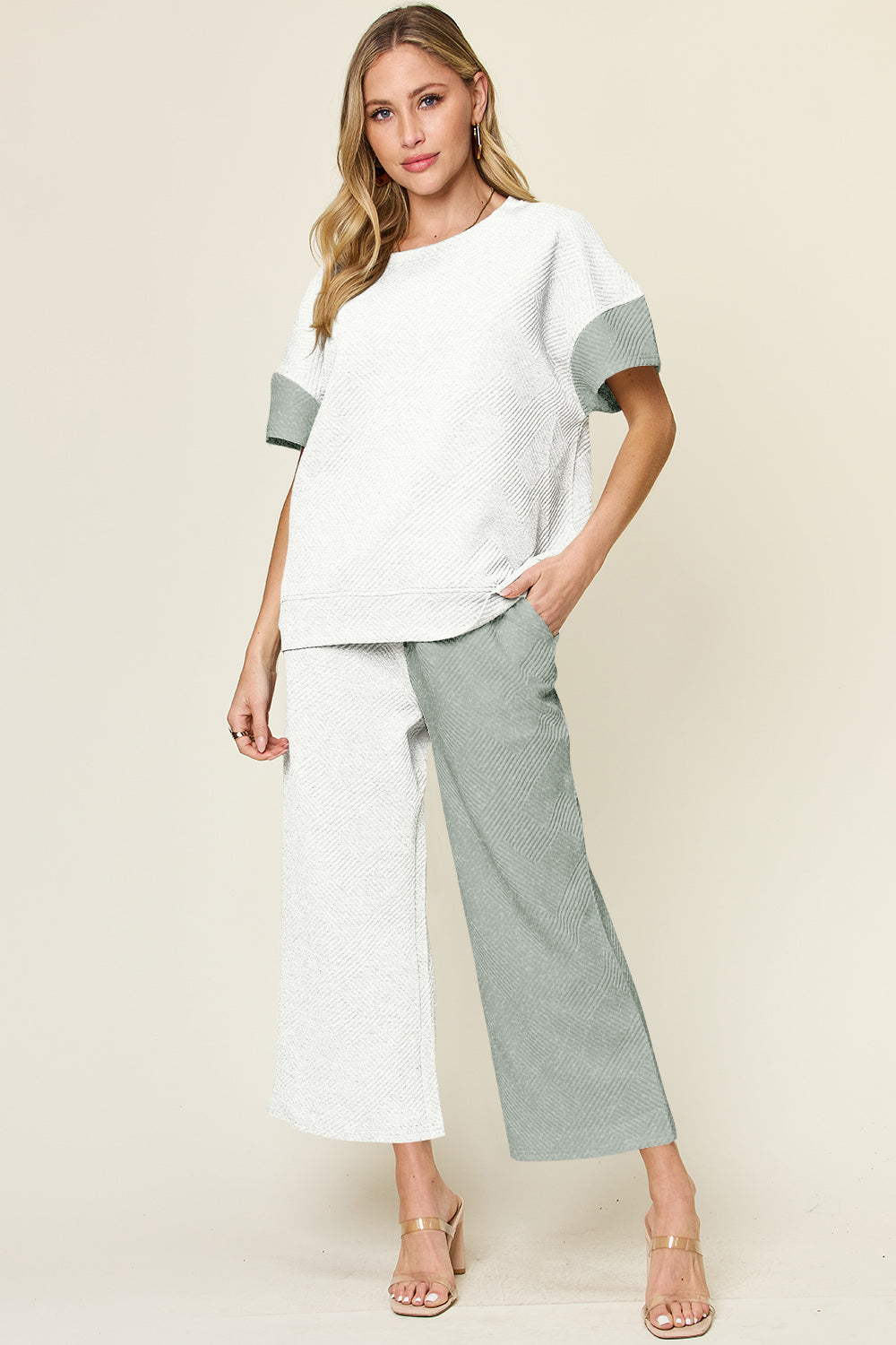 Double Take Full Size Texture Contrast T-Shirt and Wide Leg Pants Set