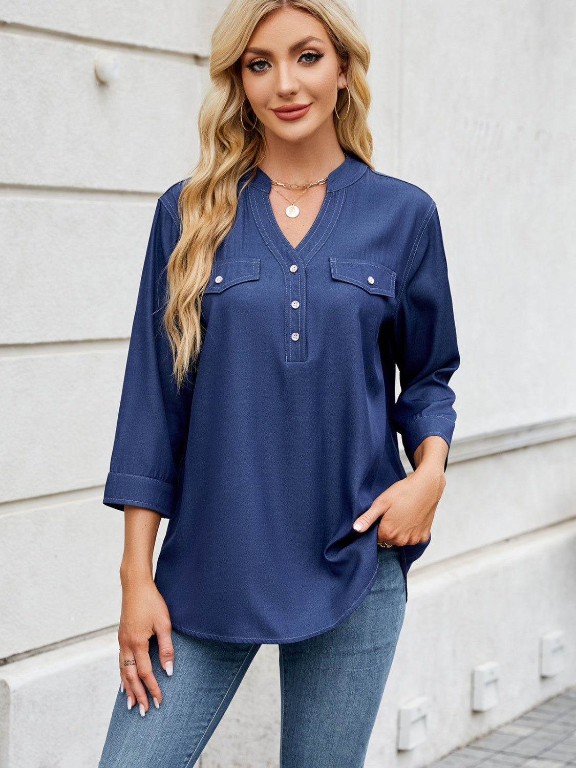 Notched Three-Quarter Sleeve Denim Top