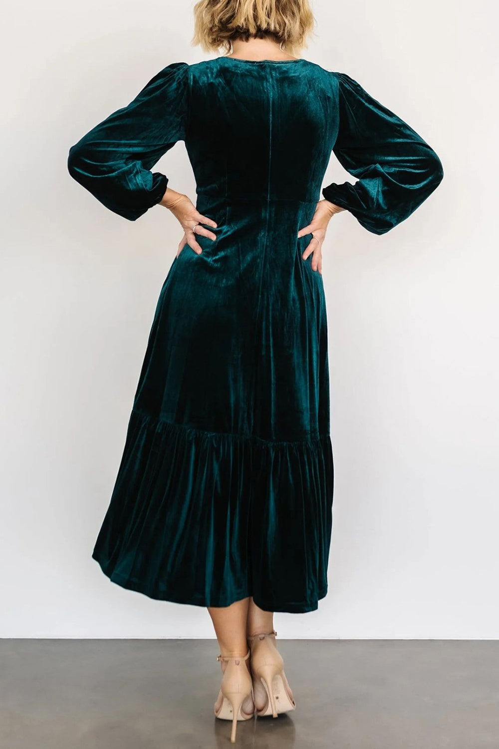 V-Neck Long Sleeve Midi Velvet Dress