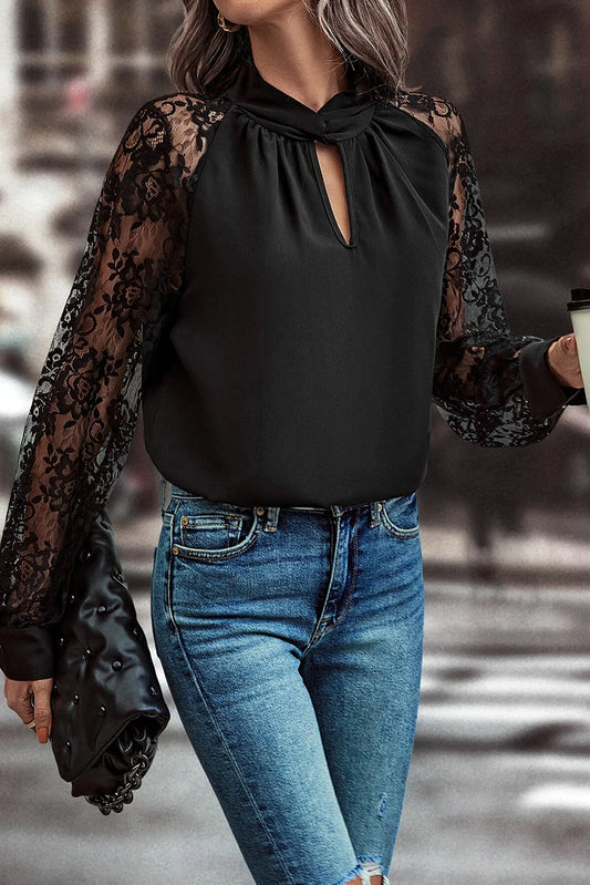 Cutout Lace Detail Long Sleeve Blouse