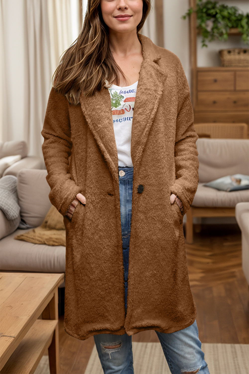 Full Size One Button Long Sleeve Longline Plush Coat