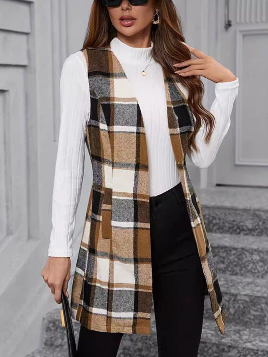 Plaid V-Neck Vest Coat