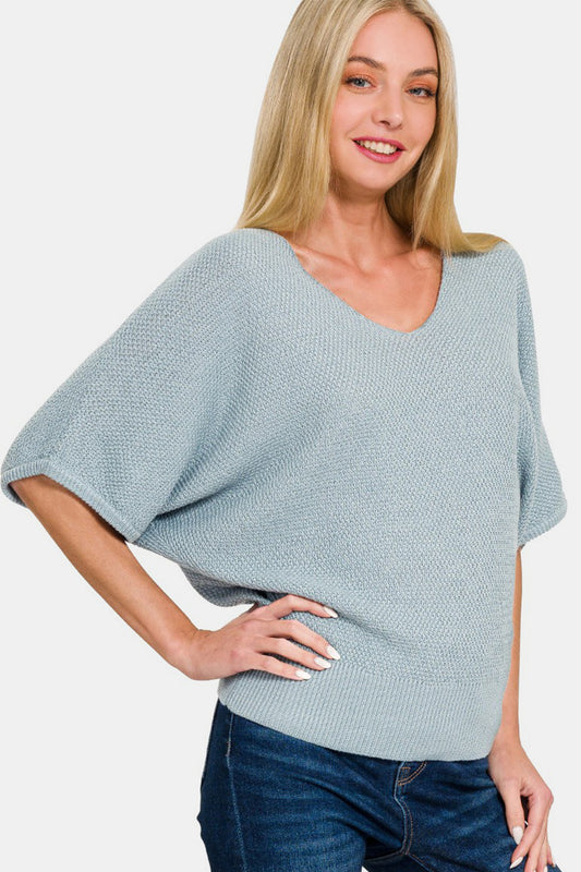 Zenana V-Neck Short Sleeve Dolman Sweater