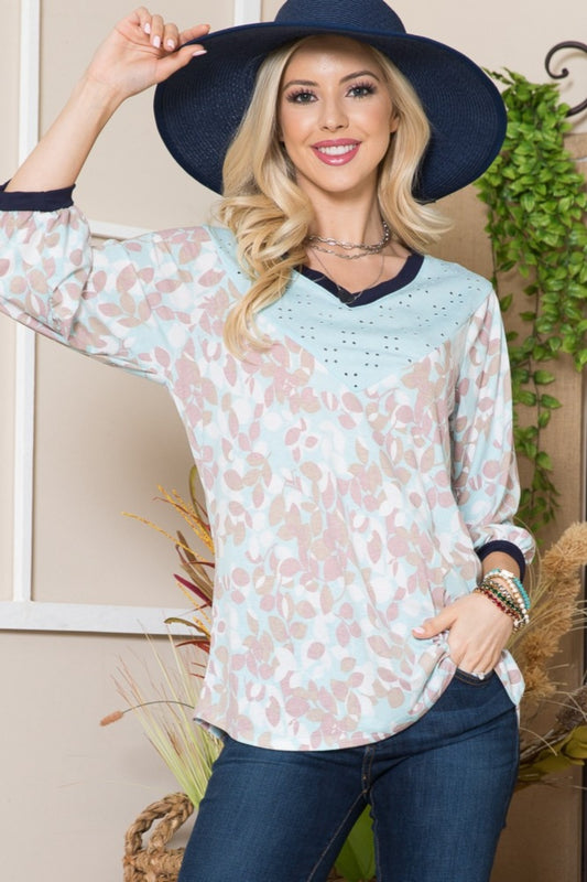 Celeste Full Size Leaf Print Contrast Trim Balloon Sleeve Top