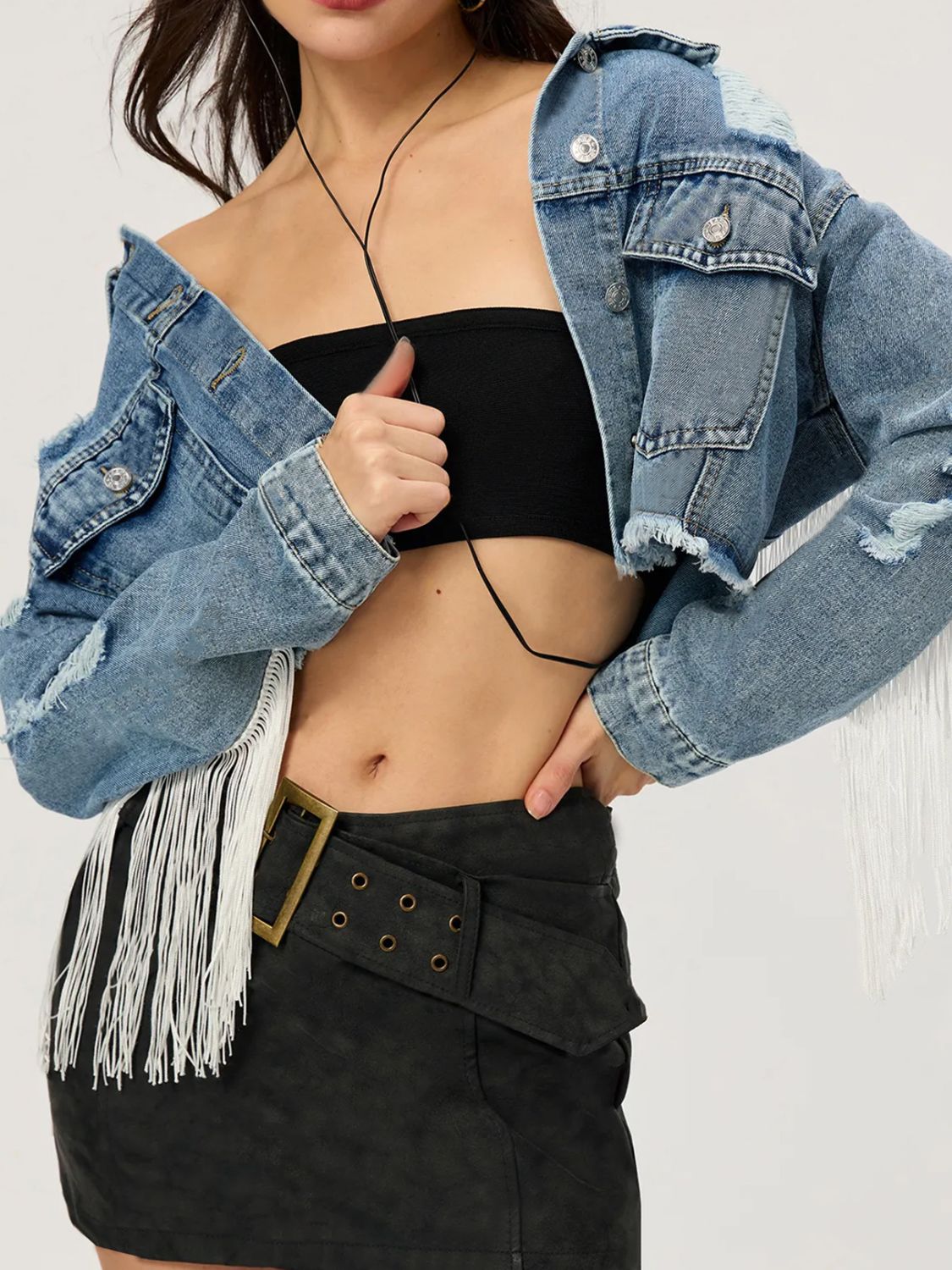 Distressed Fringe Collared Neck Cropped Denim Top