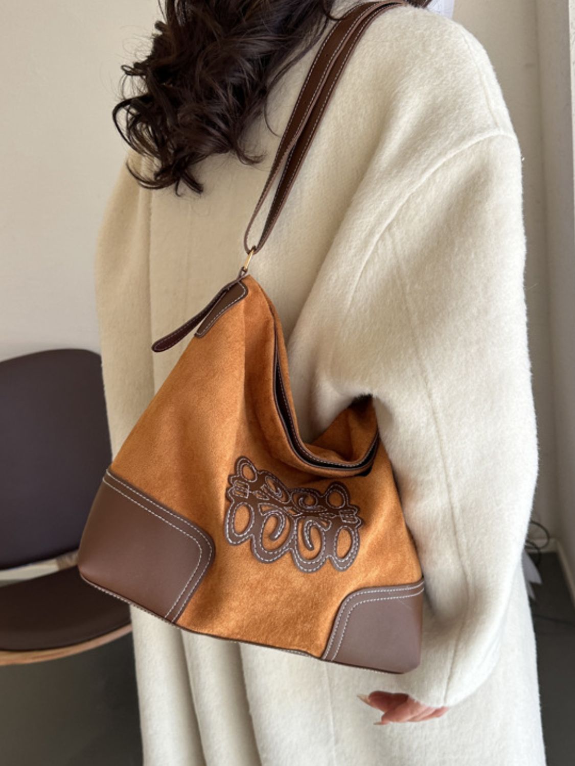 Suede Patch Adjustable Strap Tote Bag