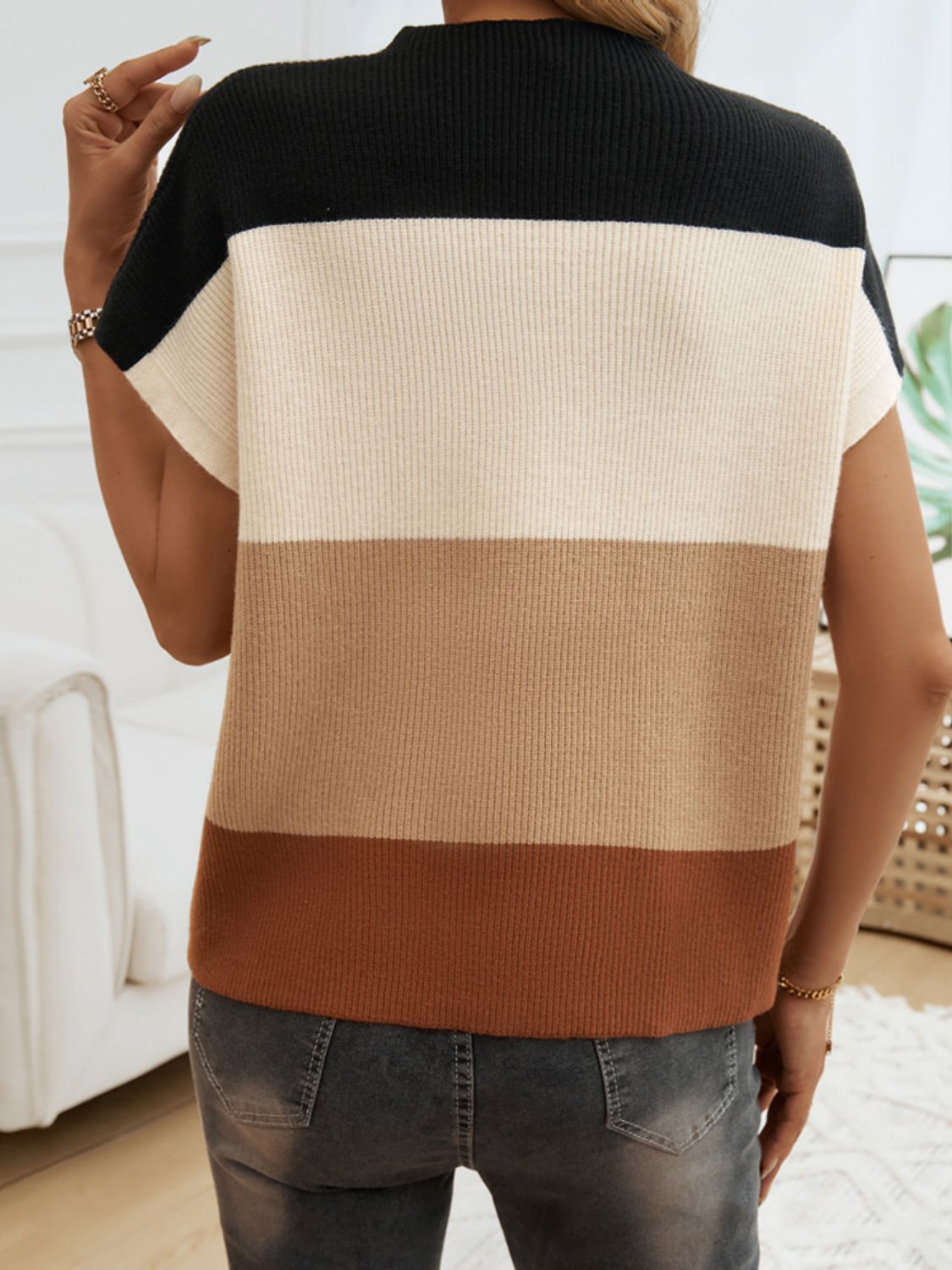 Devine Color Block Round Neck Short Sleeve Sweater