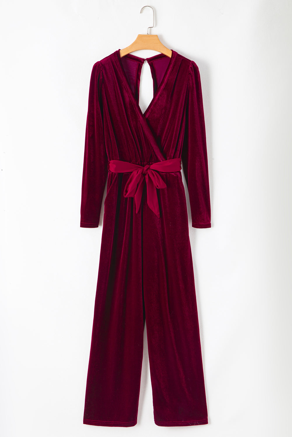 Fiery Red Velvet Pocketed Cut out Back Wide Leg Jumpsuit