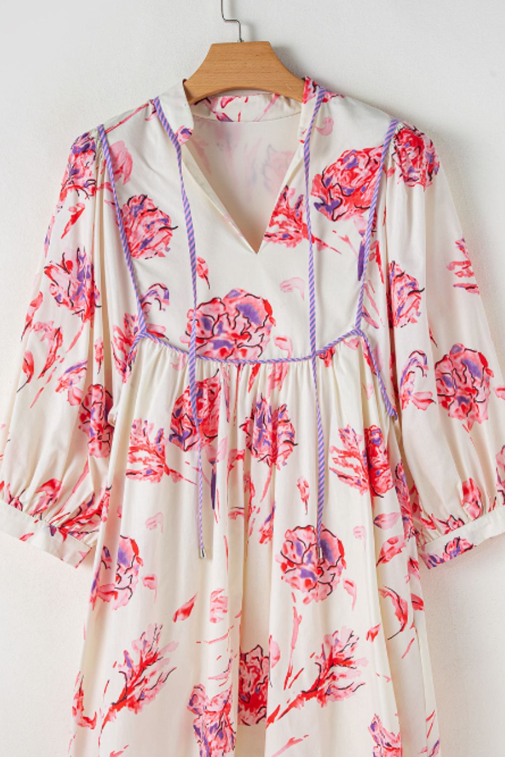 Tied Flower Printed Three-Quarter Sleeve Dress