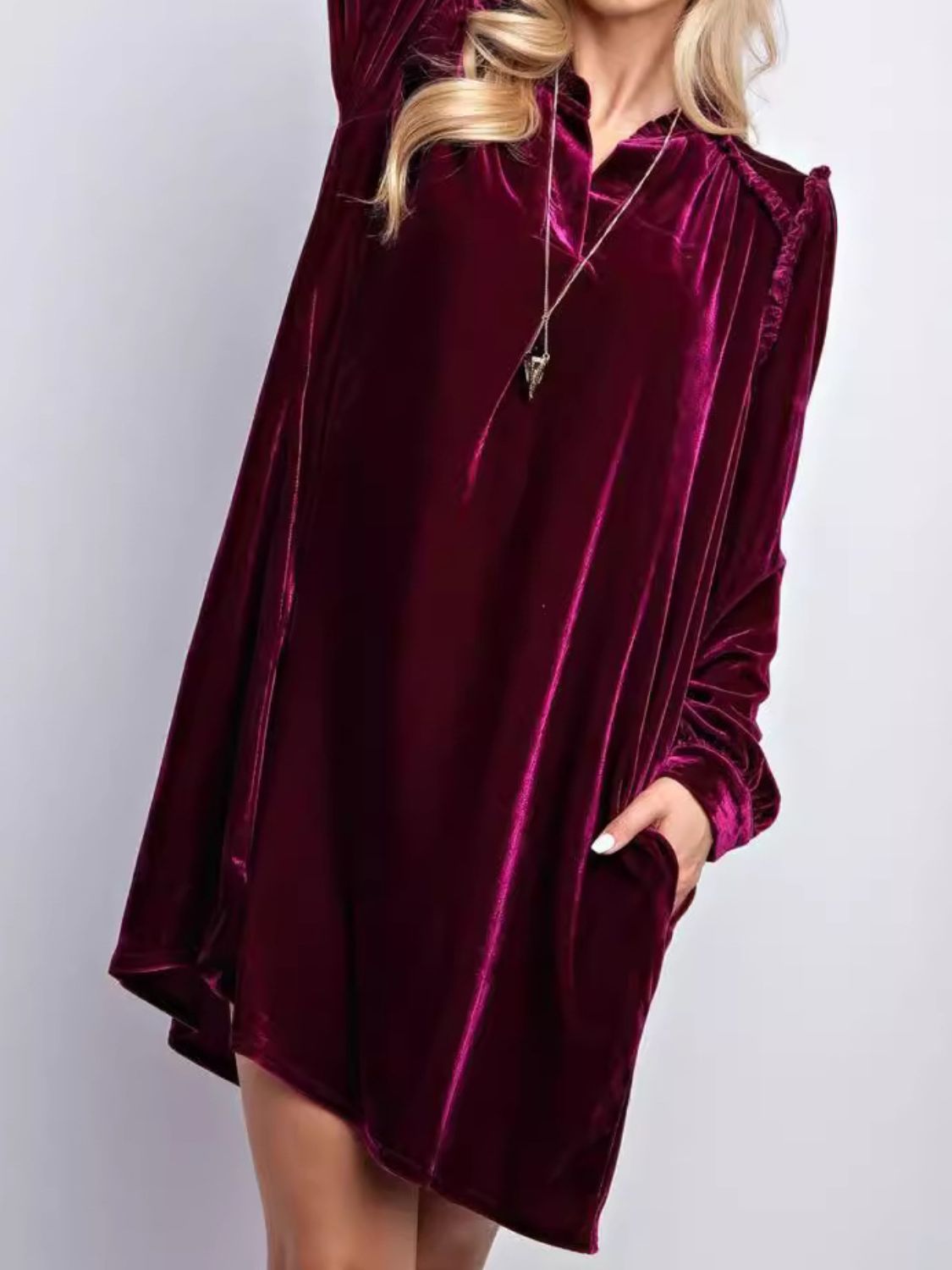 Frill Notched Long Sleeve Dress with Pockets