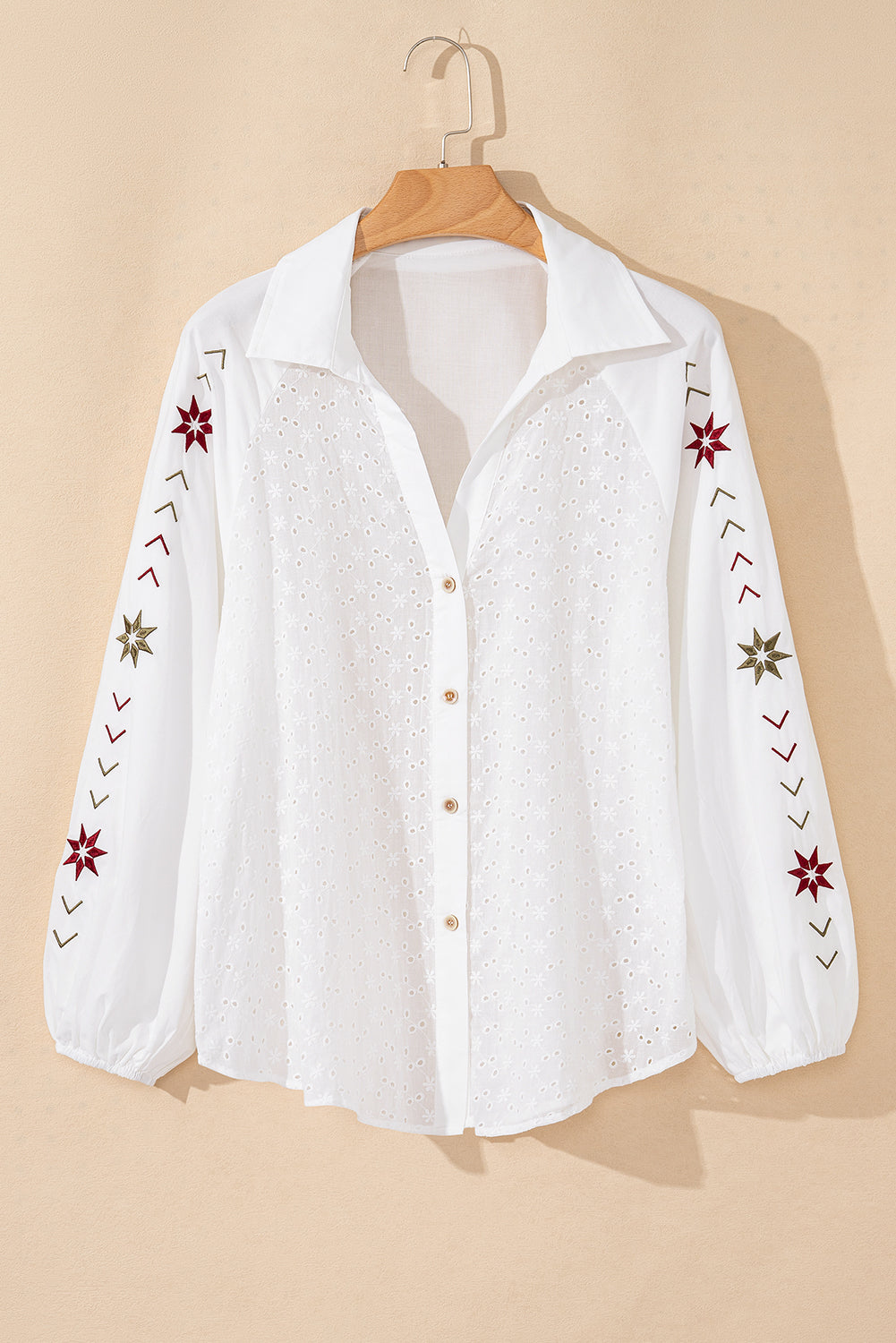 Embroidered Eyelet Collared Neck Long Sleeve Shirt