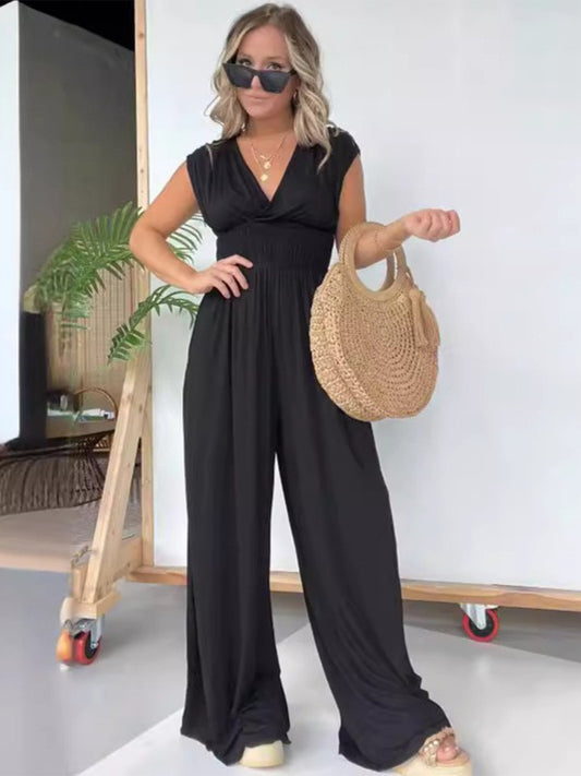 Smocked Cap Sleeve Wide Leg Jumpsuit