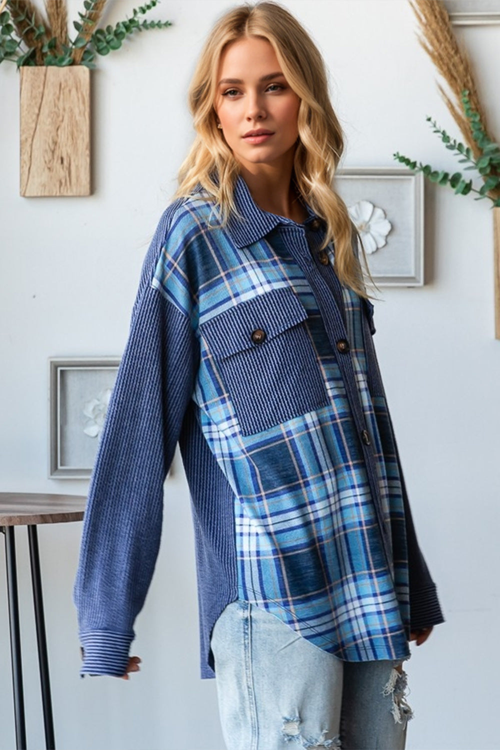 OH Plaid Button Up Long Sleeve Shacket with Breast Pockets