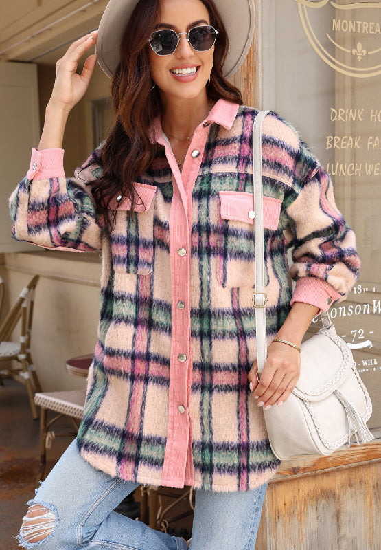 Fuzzy Plaid Corduroy Patchwork Shacket